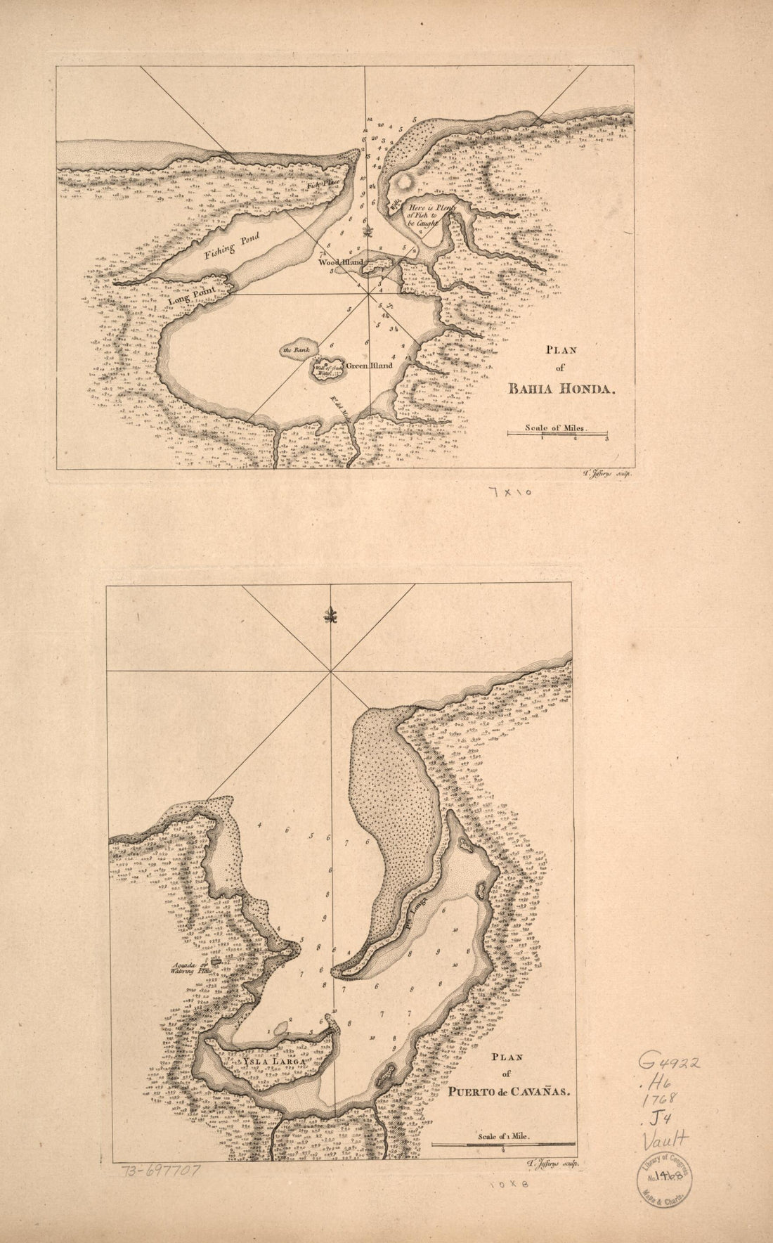 This old map of Plan of Bahía Honda. Plan of Puerto De Cavañas from 1768 was created by Thomas Jefferys in 1768
