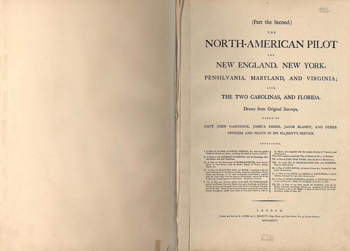 American Pilot for New England, New York, Pensilvania, Maryland, and Virginia; Also, the Two Carolinas, and Florida 1777 by Relic Map Company