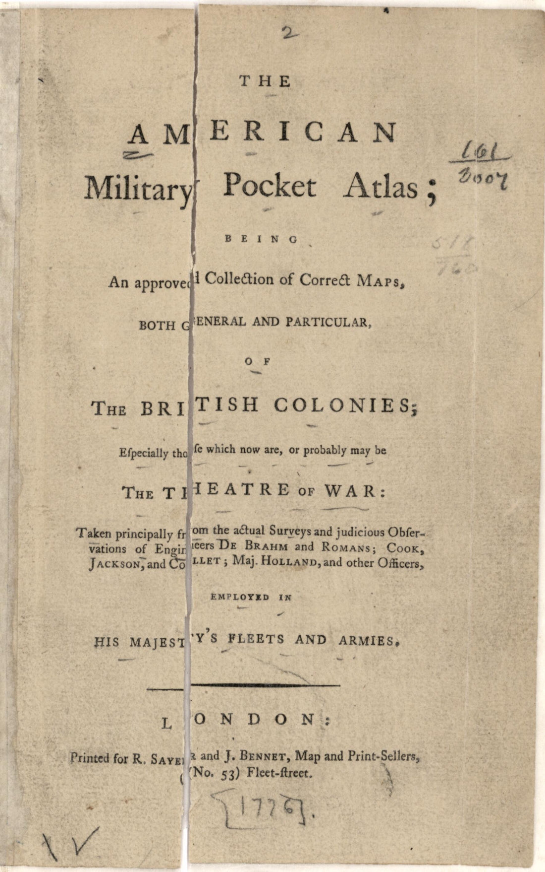 This old map of The American Military Pocket Atlas; Being an Approved Collection of Correct Maps, Both General and Particular; of the British Colonies; Especially Those Which Now Are, Or Probably May Be the Theatre of War; Taken Principally from the Actu