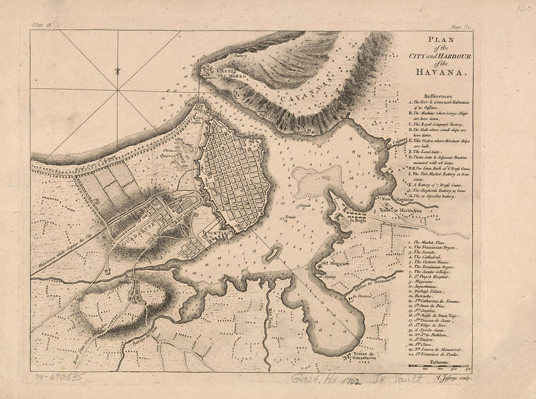 This old map of Plan of the City and Harbour of the Havana from 1762 was created by Thomas Jefferys in 1762