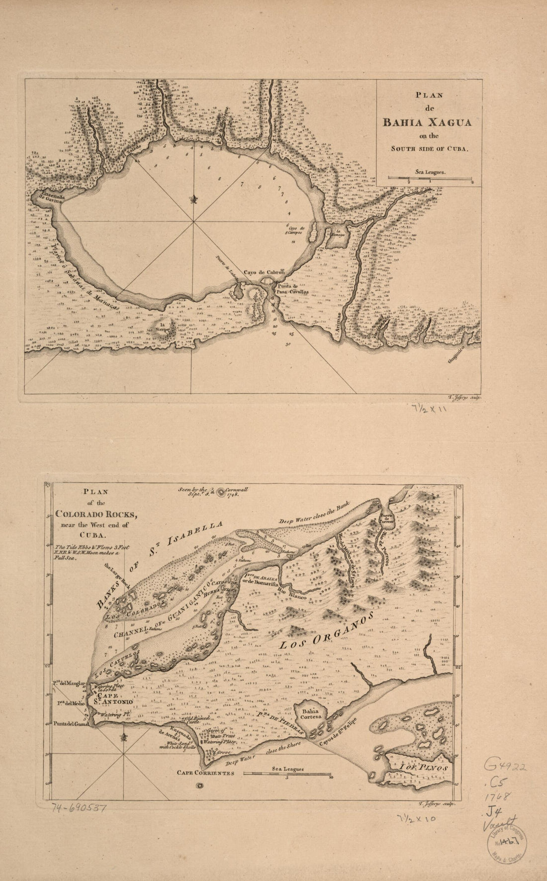 This old map of Plan De Bahía Xagua On the South Side of Cuba; Plan of the Colorado Rocks, Near the West End of Cuba from 1768 was created by Thomas Jefferys in 1768