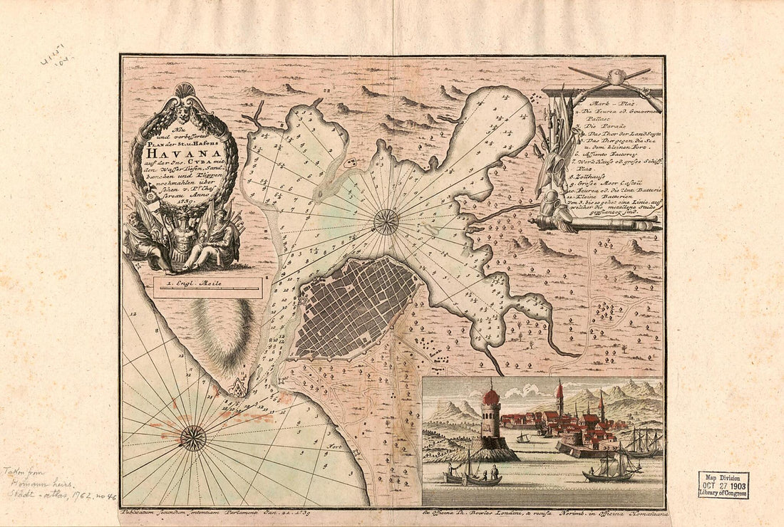 This old map of Neu Und Verbesserter Plan Der St. U. Hafens Havana Auf Der Ins. Cvba Mit Den Wasser Tiefen, Sand Bæncken Und Klippen Nochmahten übersehen V. Pr. Chassereau Anno 1739 from 1740 was created by Thomas Bowles,  Homann Erben (Firm) in 1740