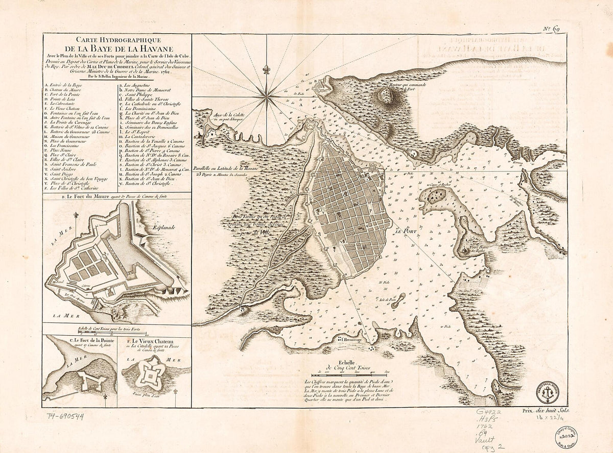 Carte Hydrographique De La Baye De La Havana. Avec Le Plan De La Ville Et De Ses Forts Pour Joindre a La Carte De L&