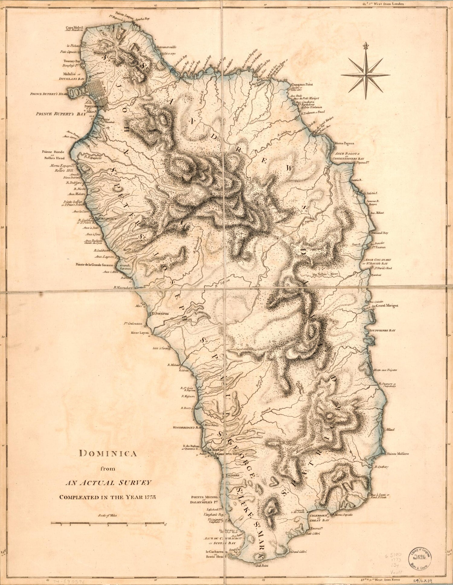 This old map of Dominica, from an Actual Survey Compleated In the Year 1773 from 1775 was created by Thomas] [Jefferys in 1775