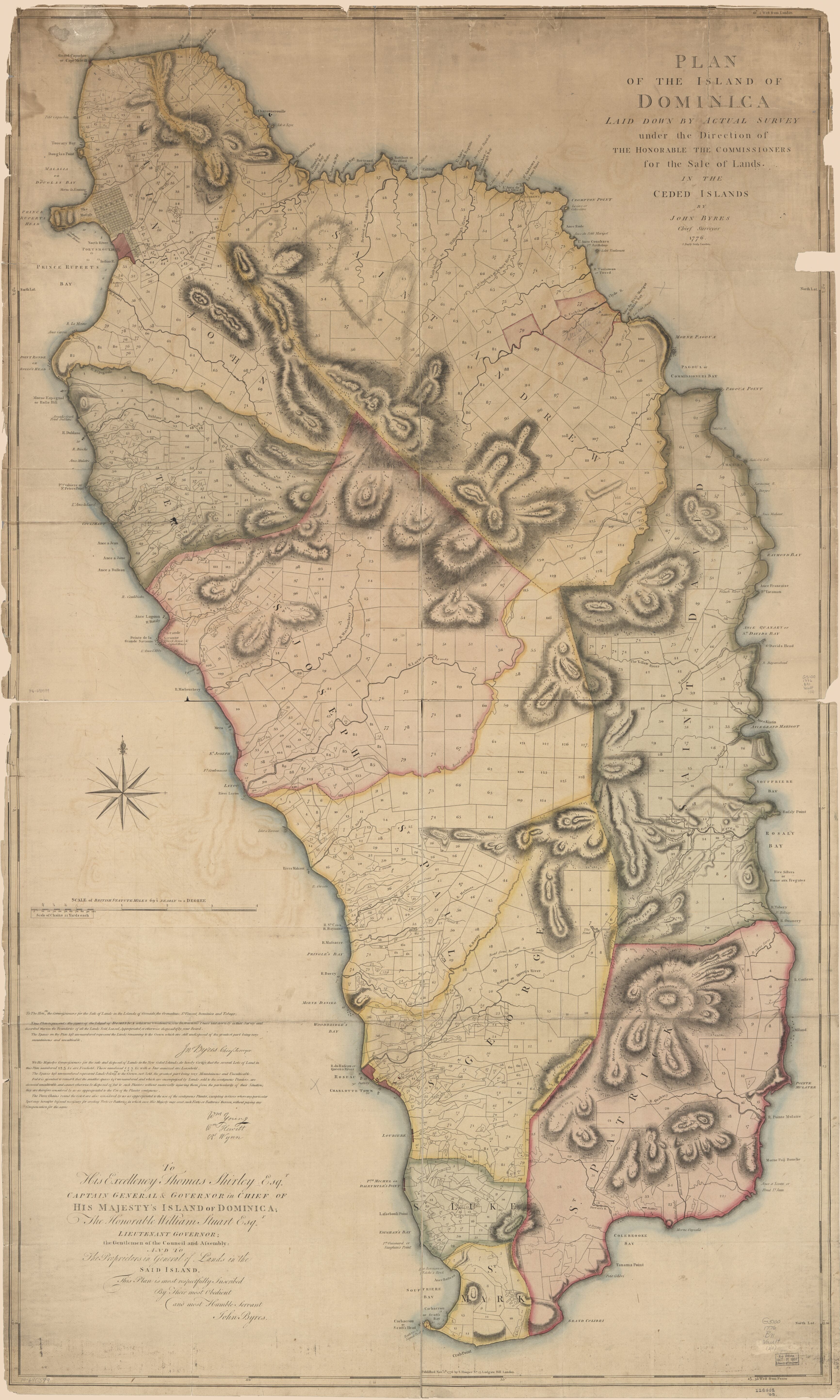 This old map of Plan of the Island of Dominica Laid Down by Actual Survey Under the Direction of the Honorable the Commissioners for the Sale of Lands In the Ceded Islands from 1776 was created by J. Bayly, John Byres, S. (Samuel) Hooper in 1776