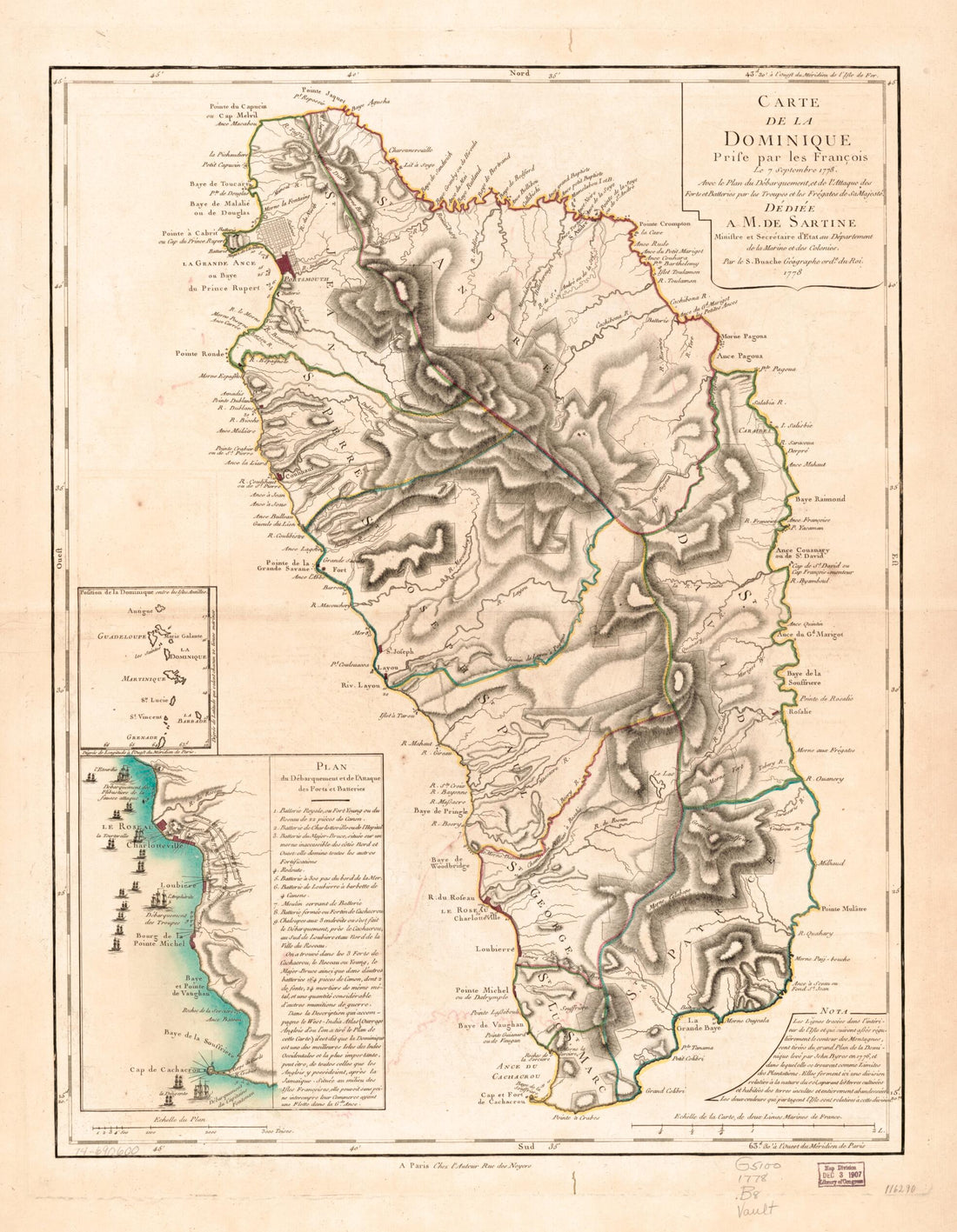 This old map of Carte De La Dominique, Prise Par Les François Le 7 Septembre from 1778. Avec Le Plan Du Débarquement, Et De L&