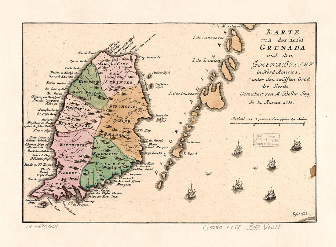 This old map of Karte Von Der Insel Grenada Und Den Grenadillen In Nord America, Unter Den Zwölften Grad Der Breite from 1780 was created by Jacques Nicolas Bellin in 1780