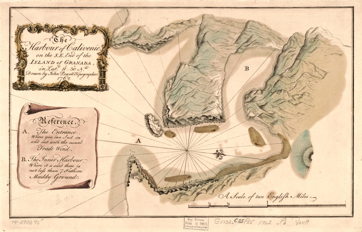 This old map of The Harbour of Calivenie On the S.E. End of the Island of Granada : In Latd. 11⁰:30ʺ Nth from 1762 was created by John Powell in 1762