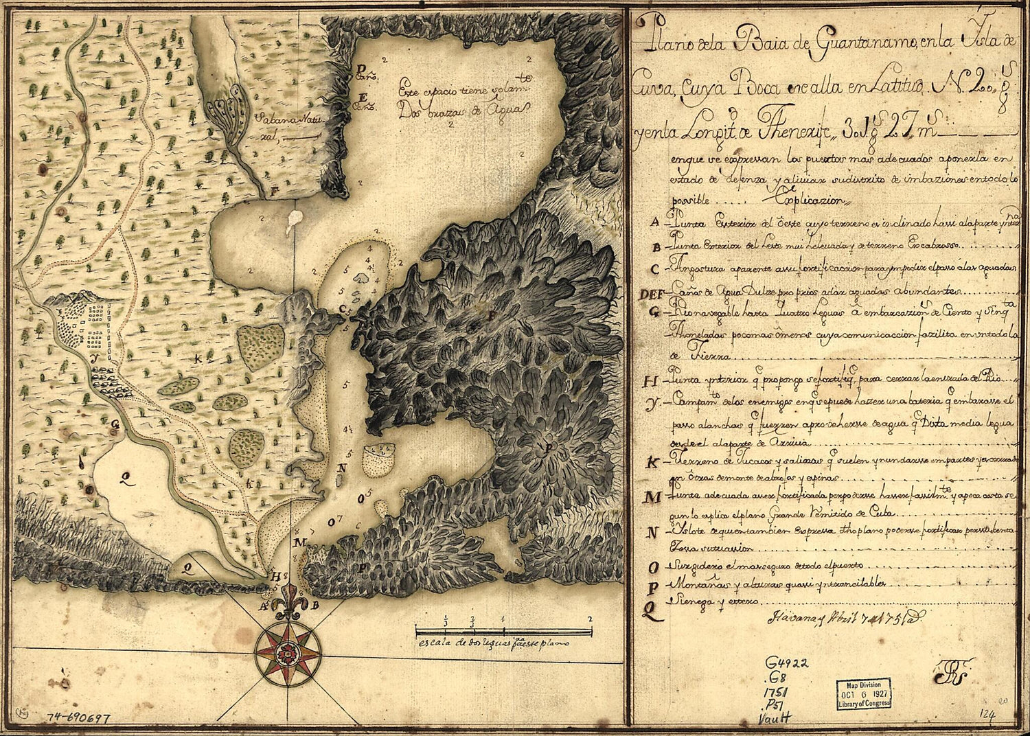 This old map of Plano De La Baía De Guantánamo, En La Ysla De Cuva, Cuya Boca Se Alla En Latitud N. 20 Gs. Y En La Longitd. De Thenerife 301 Gs. 27 Ms from 1751 was created by  in 1751
