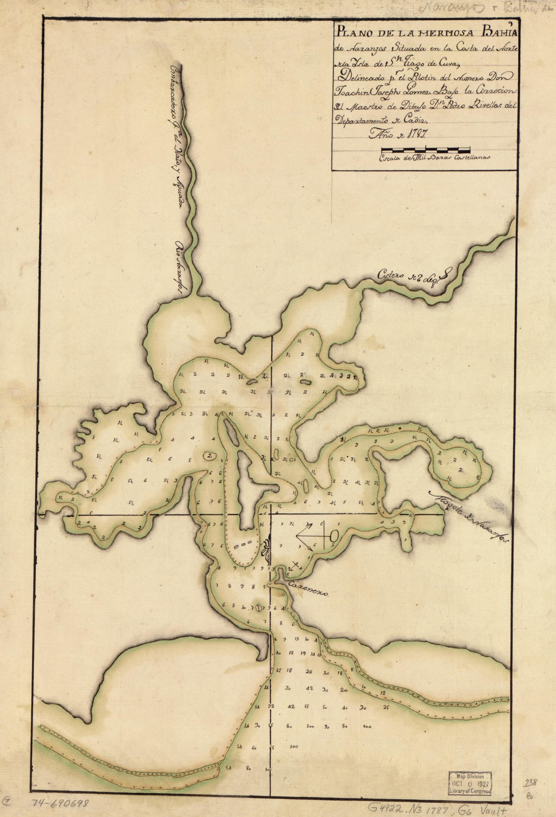 This old map of Plano De La Hermosa Bahía De Naranjos Situada En La Costa Del Norte De La Ysla De Sn. Tiago De Cuva; from 1787 was created by Joachin Joseph Gomez in 1787