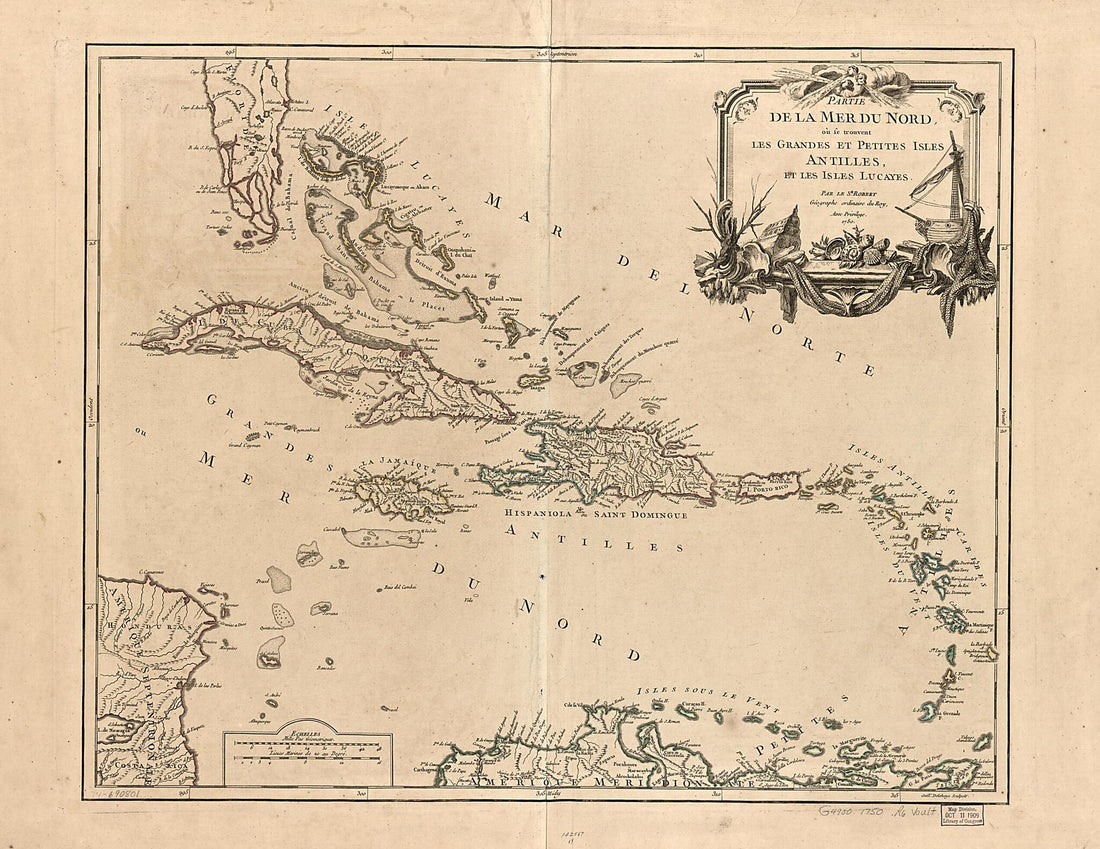 This old map of Partie De La Mer Du Nord, Ou Se Trouvent Les Grandes Et Petites Isles Antilles, Et Les Isles Lucayes from 1757 was created by G. De La Haye, Didier Robert De Vaugondy, Gilles Robert De Vaugondy in 1757