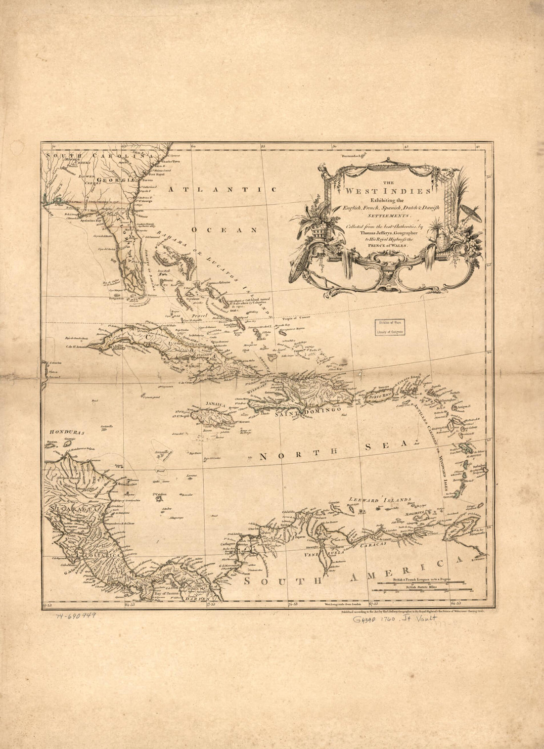 This old map of The West Indies Exhibiting the English, French, Spanish, Dutch &amp; Danish Settlements from 1760 was created by Thomas Jefferys in 1760