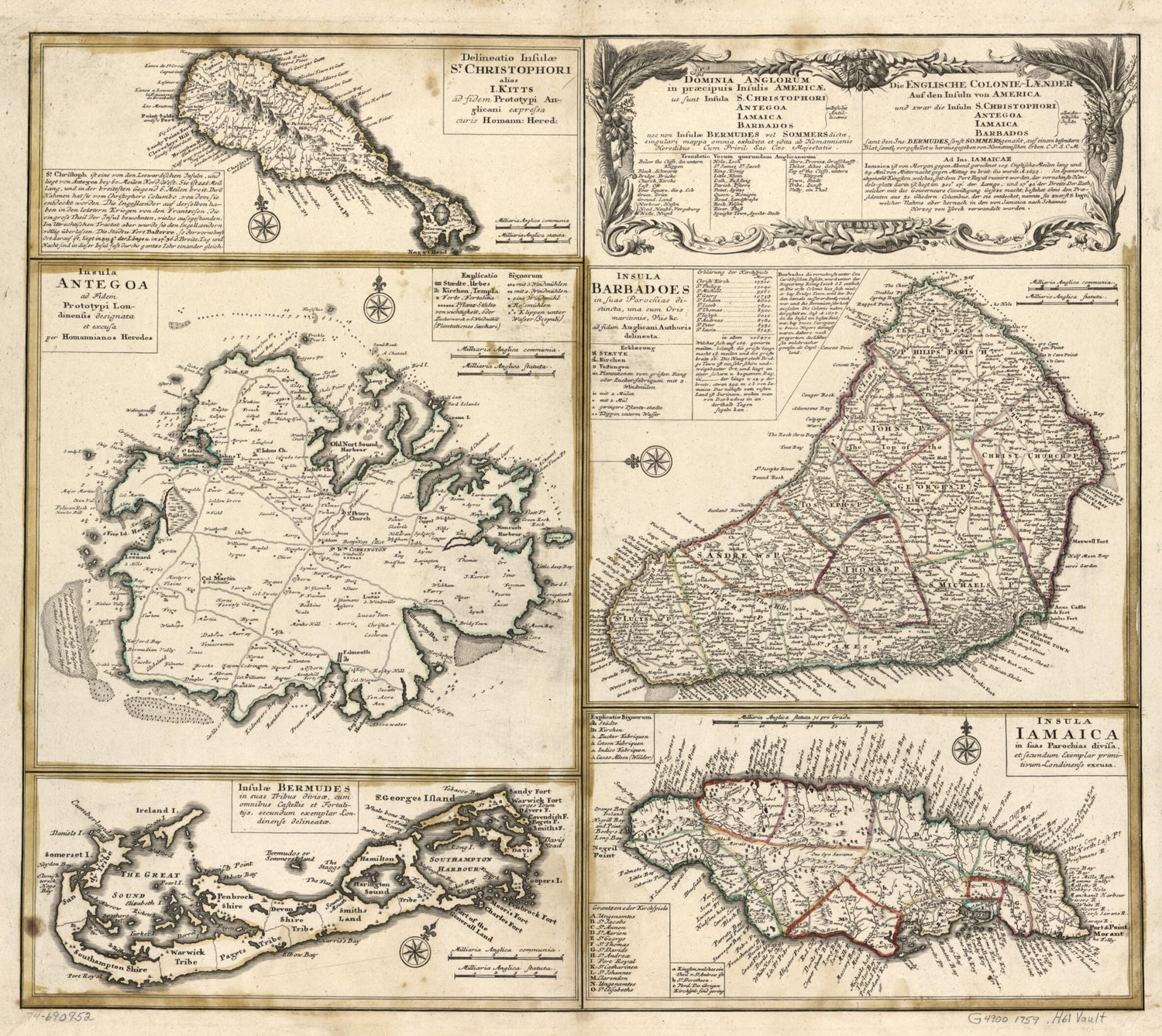 This old map of Laender Auf Den Insuln Von America Und Zwar Die Insuln: S. Christophori, Antegoa, Iamaica, Barbados; Samt Den Ins: Bermudes, Sonst Sommers Genańt from 1759 was created by  Homann Erben (Firm) in 1759