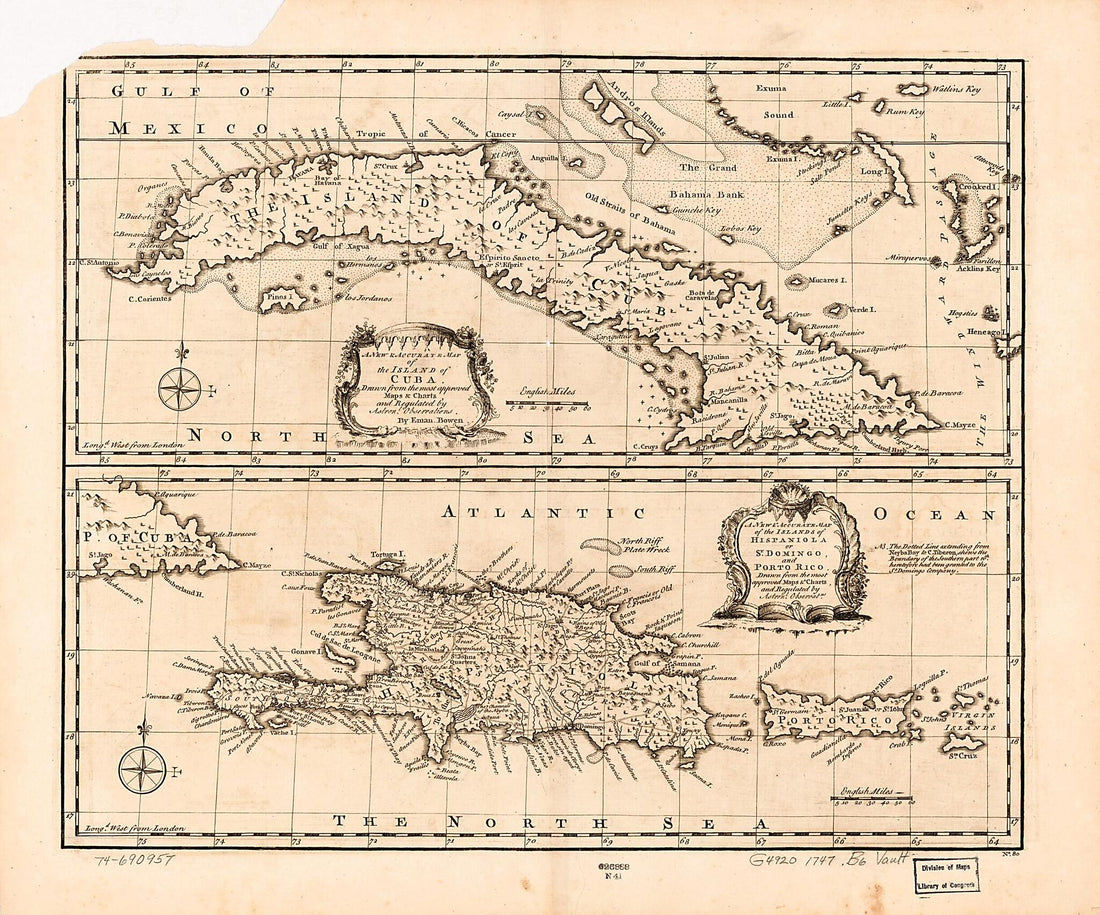 This old map of A New &amp; Accurate Map of the Island of Cuba from 1747 was created by Emanuel Bowen in 1747