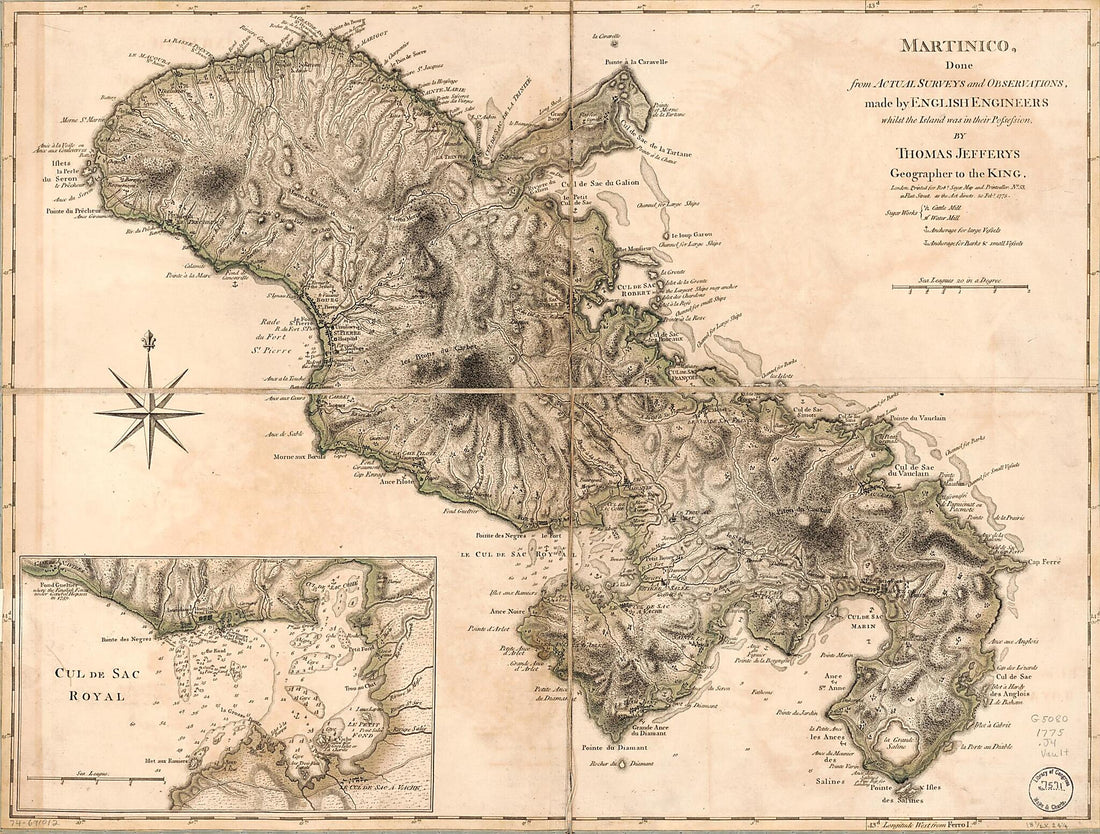 This old map of Martinico, Done from Actual Surveys and Observations, Made by English Engineers Whilst the Island Was In Their Possession from 1775 was created by Thomas Jefferys, Robert Sayer in 1775