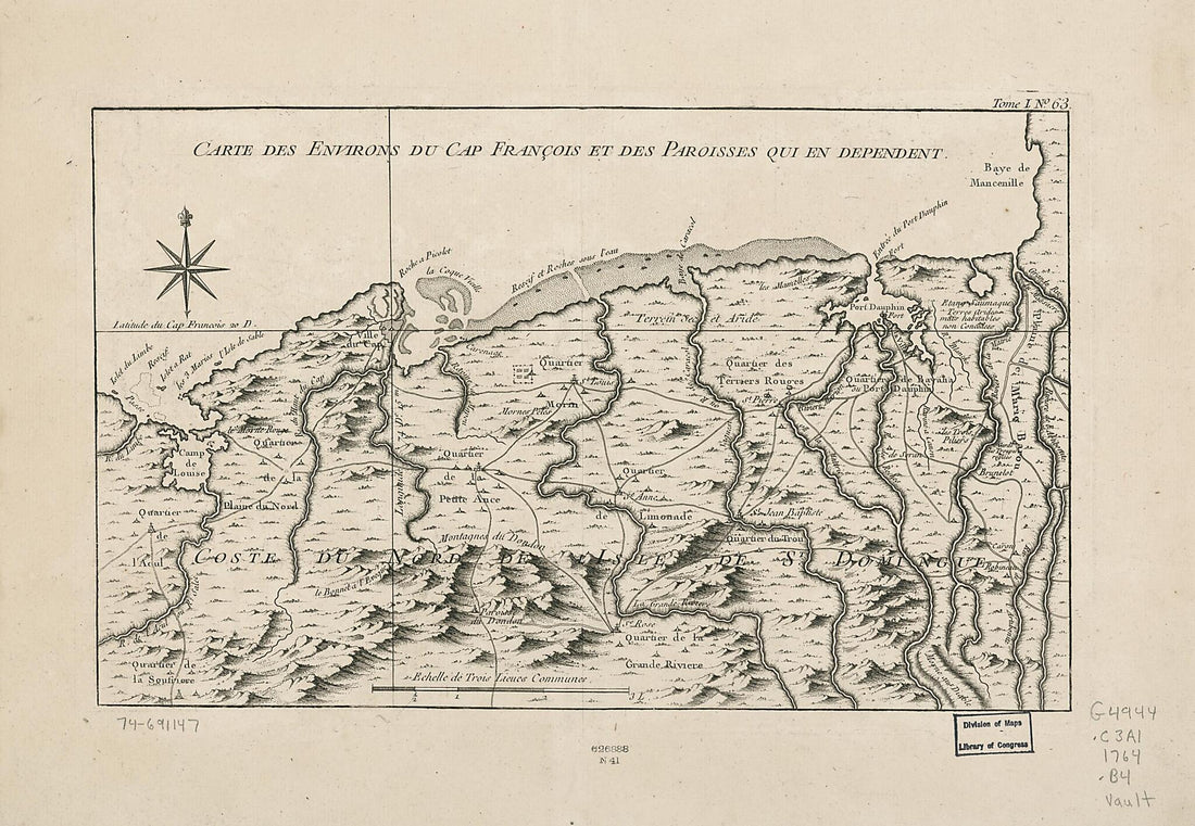 This old map of Carte Des Environs Du Cap François Et Des Paroisses Qui En Dependent from 1764 was created by Jacques Nicolas Bellin in 1764