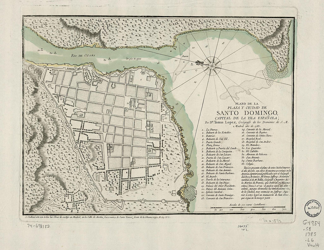 This old map of Plano De La Plaza Y Ciudad De Santo Domingo, Capital De La Isla Española; from 1785 was created by Tomás López De Vargas Machuca in 1785