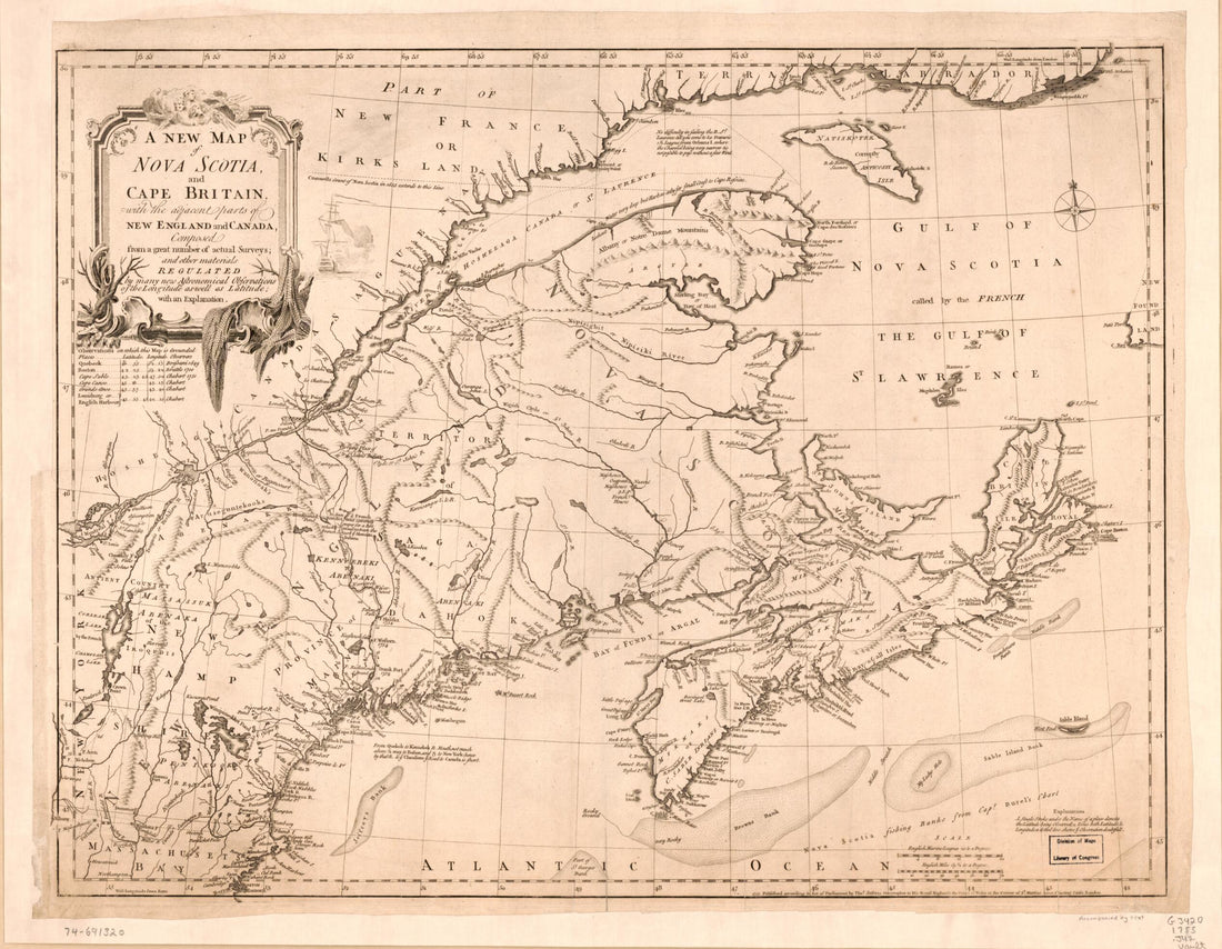 This old map of A New Map of Nova Scotia, and Cape Britain. With the Adjacent Parts of New England and Canada, Composed from a Great Number of Actual Surveys; and Other Materials Regulated by Many New Astronomical Observations of the Longitude As Well As