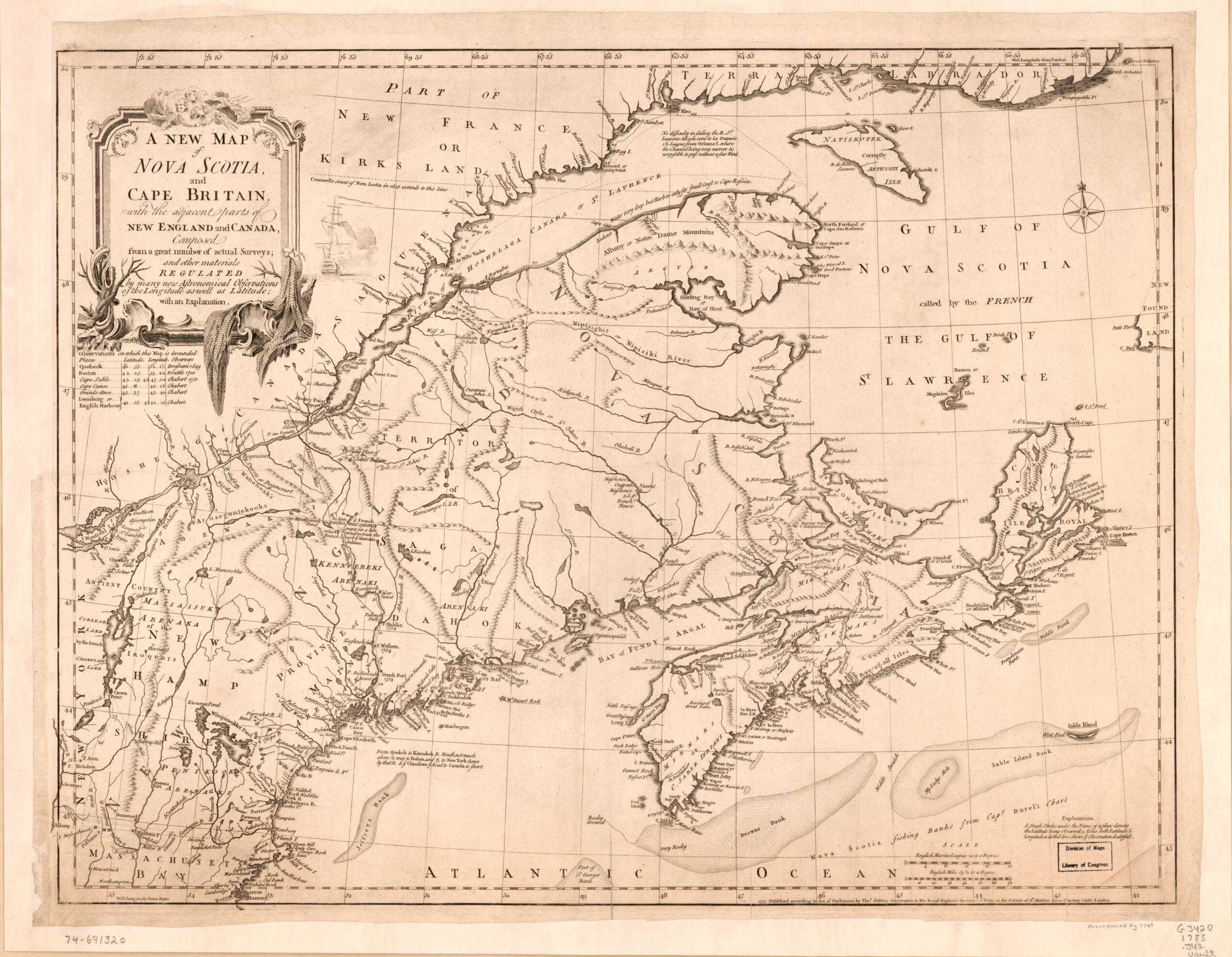 This old map of A New Map of Nova Scotia, and Cape Britain. With the Adjacent Parts of New England and Canada, Composed from a Great Number of Actual Surveys; and Other Materials Regulated by Many New Astronomical Observations of the Longitude As Well As