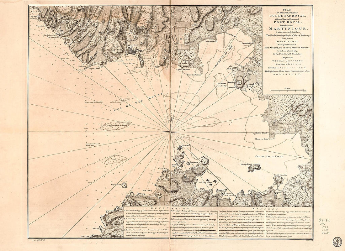 This old map of Plan of the Great Bay of Cul De Sac Royal, With the Town, and Environs of Port Royal, In the Island of Martinique, In Which Are Correctly Laid Down the Shoals, Soundings, Depths of Water, &amp; Anchorage from 1763 was created by Thomas Jeffer