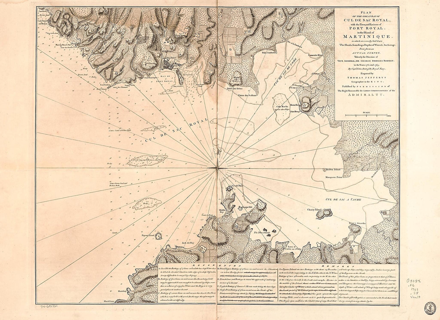 This old map of Plan of the Great Bay of Cul De Sac Royal, With the Town, and Environs of Port Royal, In the Island of Martinique, In Which Are Correctly Laid Down the Shoals, Soundings, Depths of Water, &amp; Anchorage from 1763 was created by Thomas Jeffer