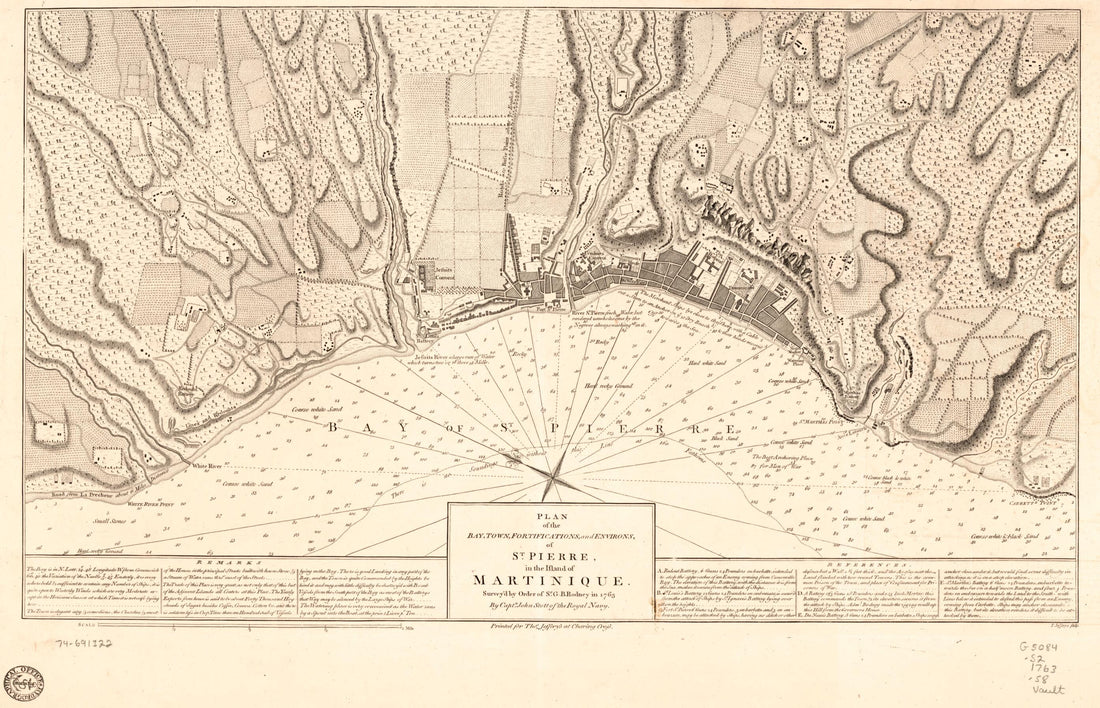 This old map of Plan of the Bay, Town, Fortifications, and Environs, of St. Pierre, In the Island of Martinique from 1763 was created by Thomas Jefferys, George Brydges Rodney Rodney, John Stott in 1763