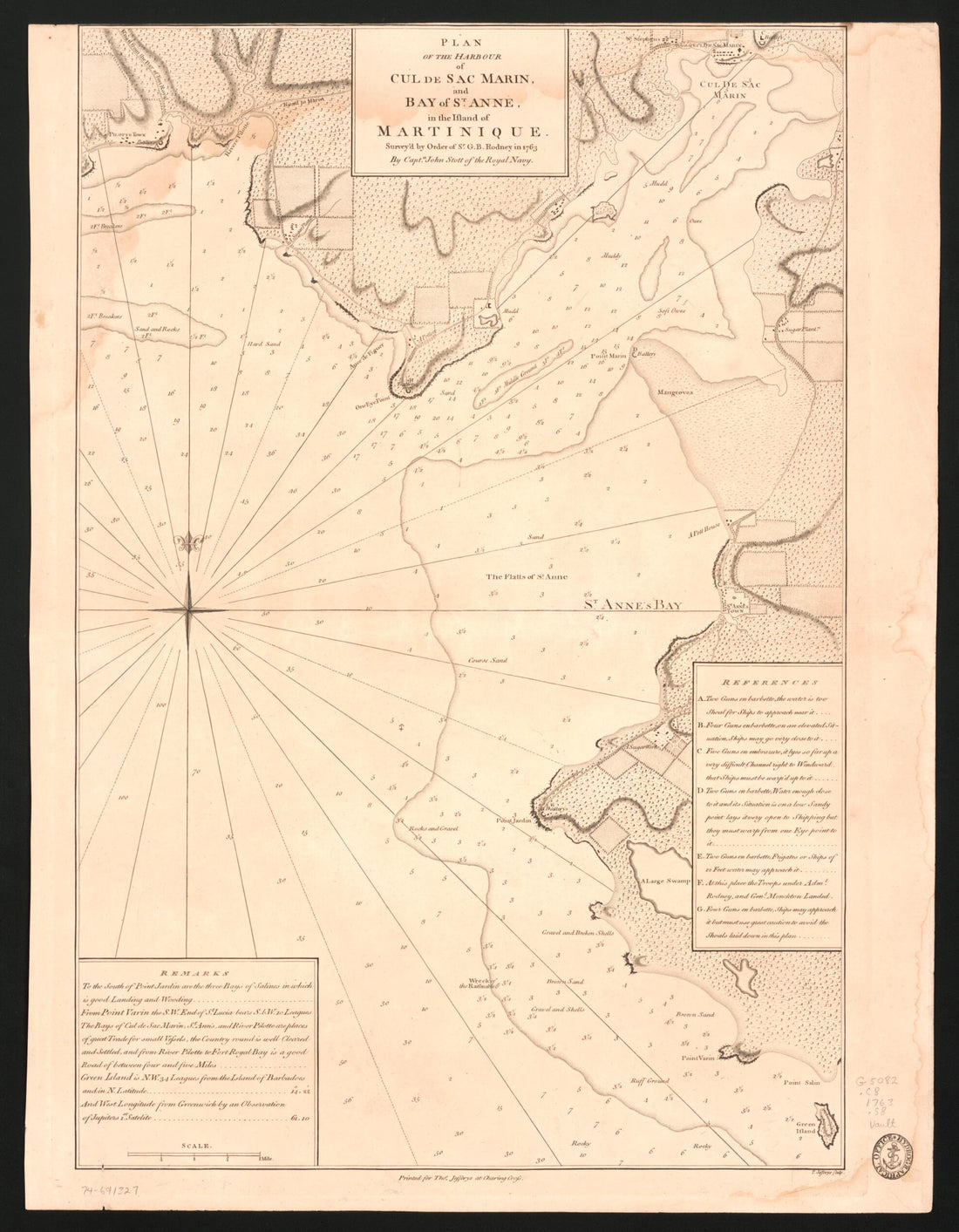 This old map of Plan of the Harbour of Cul De Sac Marin, and Bay of St. Anne, In the Island of Martinique from 1763 was created by Thomas Jefferys, George Brydges Rodney Rodney, John Stott in 1763