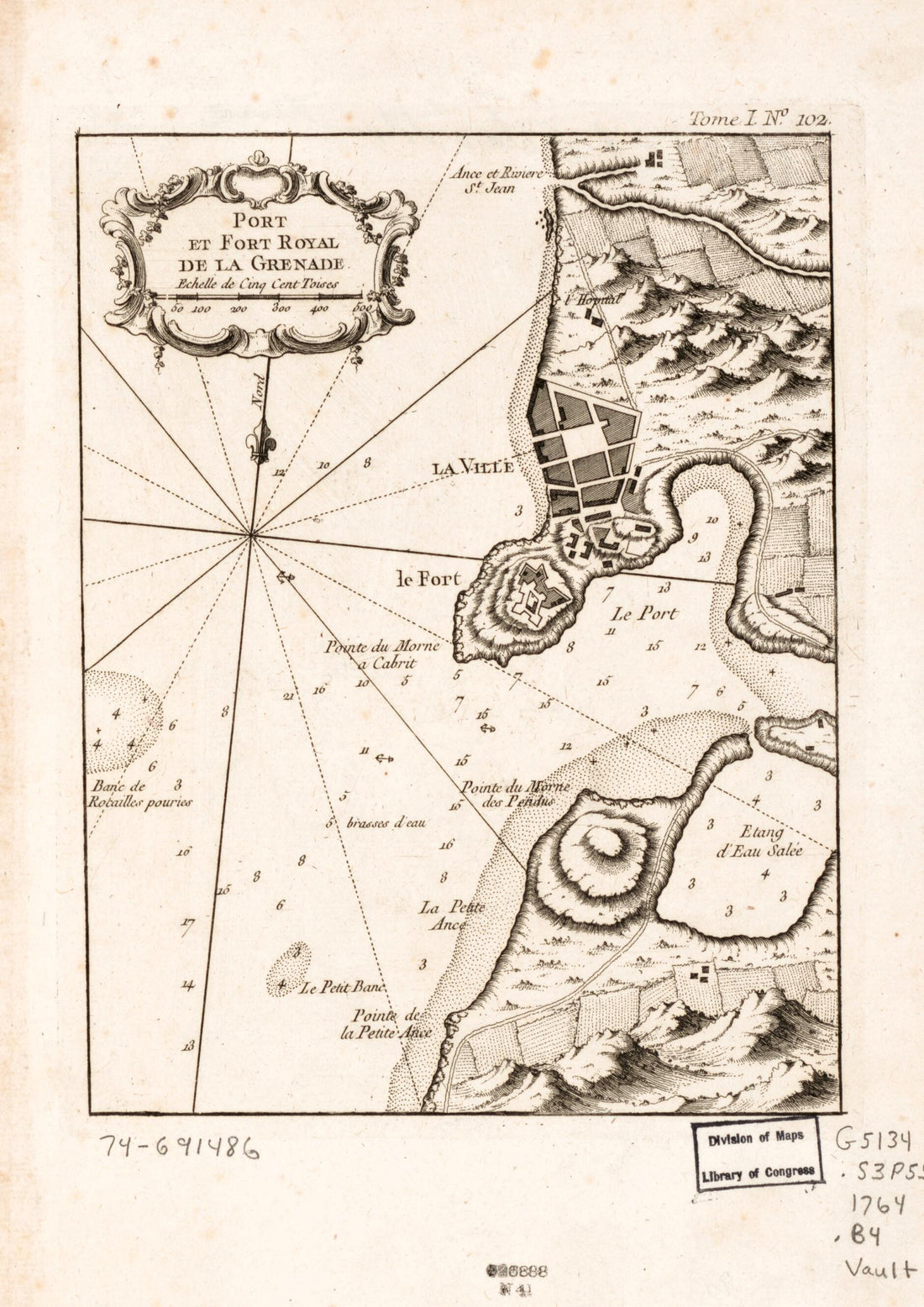 This old map of Port Et Fort Royal De La Grenade from 1764 was created by Jacques Nicolas] [Bellin in 1764