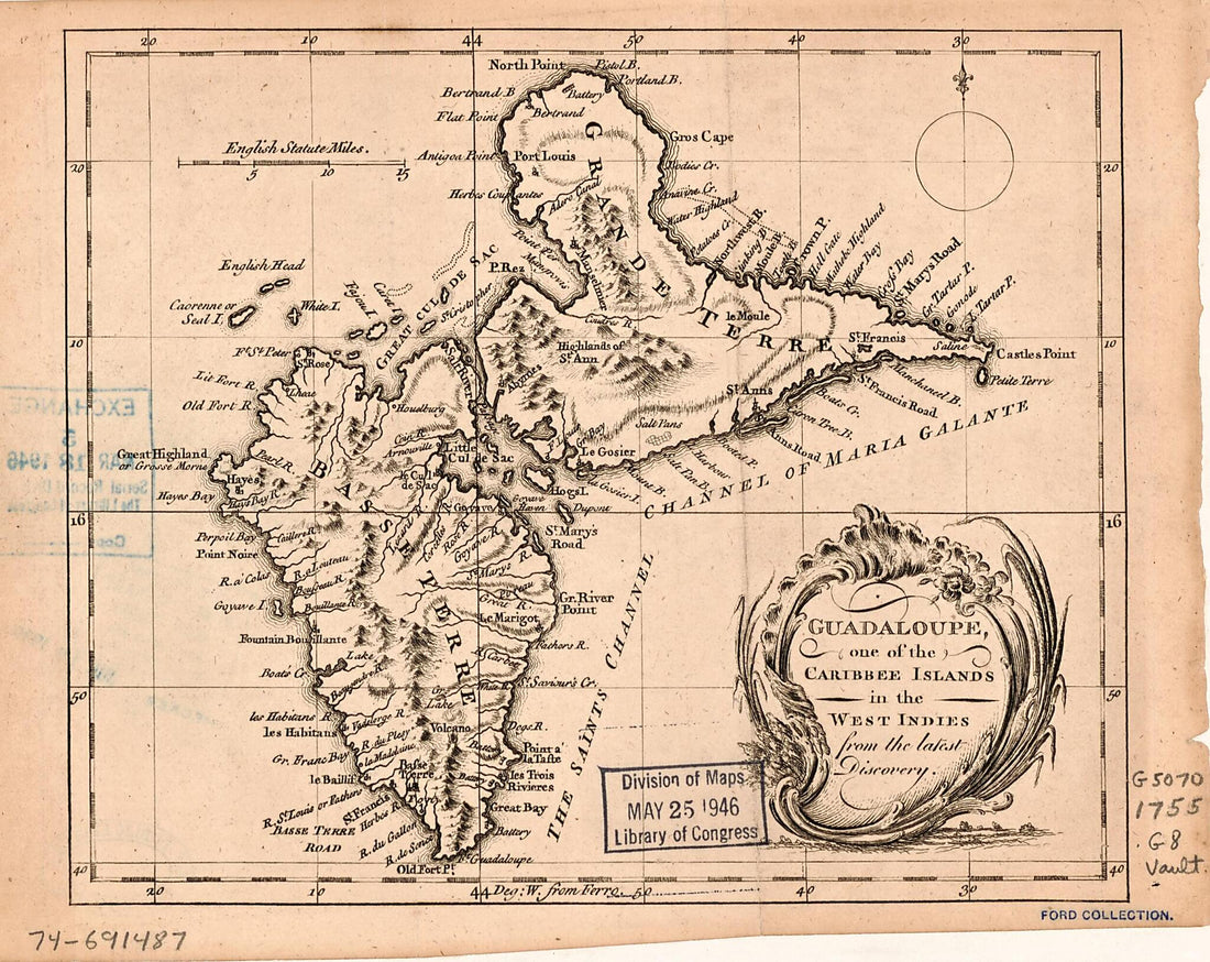 This old map of Guadaloupe, One of the Caribee Islands In the West Indies from the Latest Discovery from 1755 was created by  in 1755