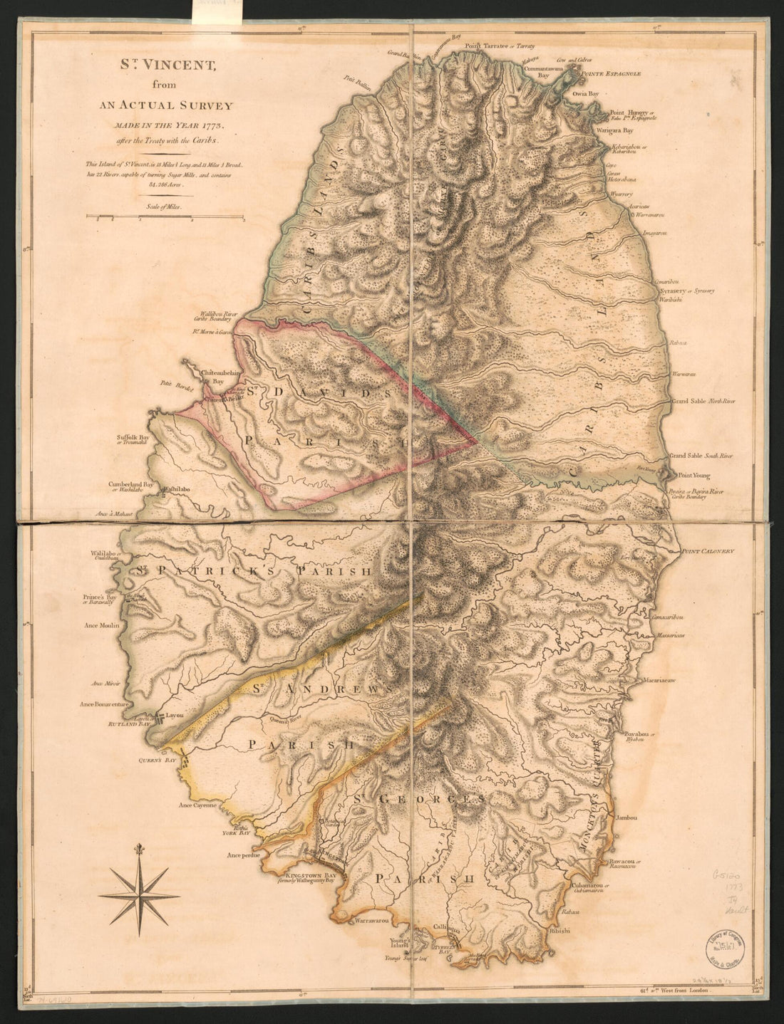 This old map of St. Vincent, from an Actual Survey Made In the Year from 1773. After the Treaty With the Caribs was created by Thomas] [Jefferys in 1773