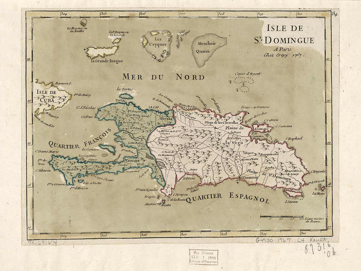 This old map of Isle De St. Domingue from 1767 was created by  Crépy (Firm),  Louis in 1767