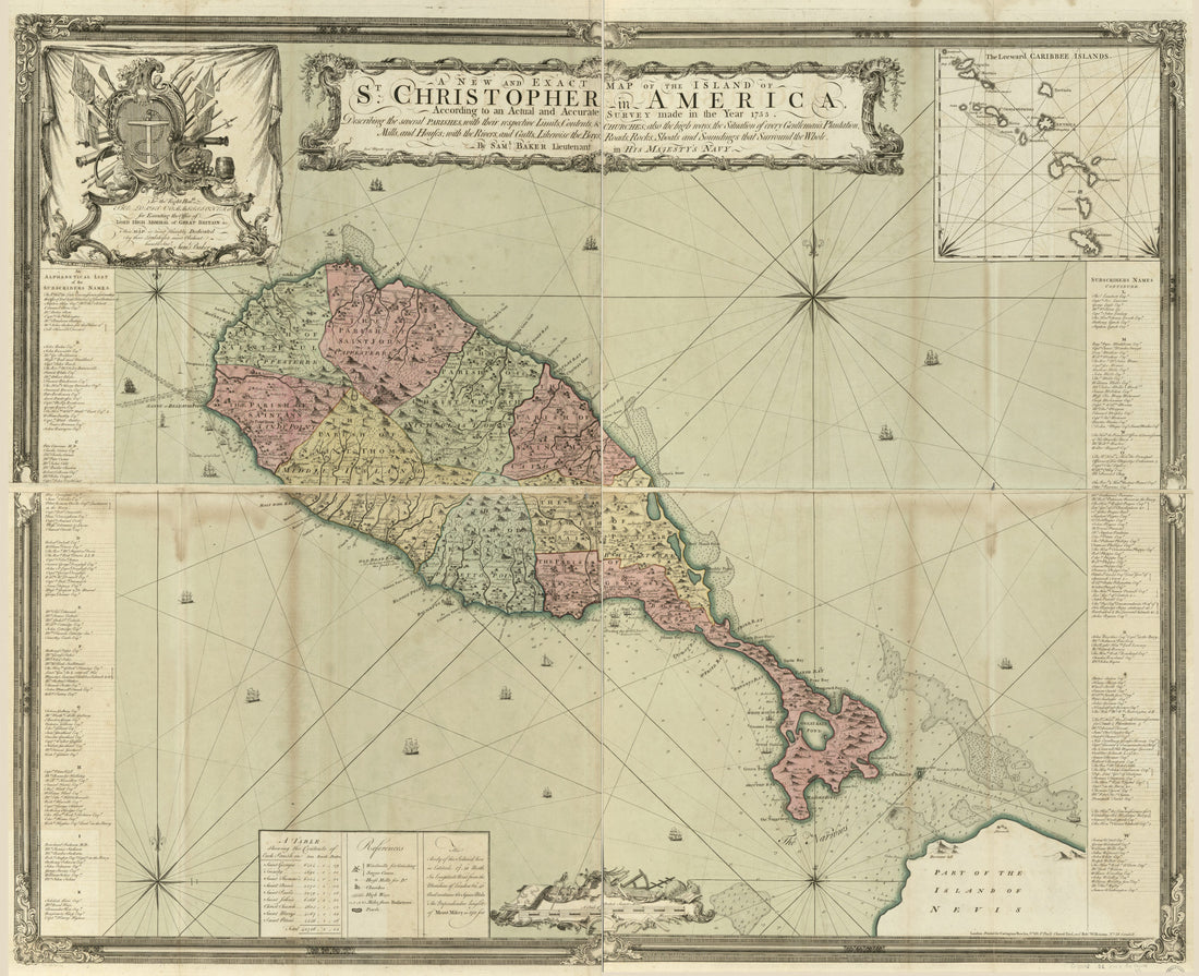 This old map of A New and Exact Map of the Island of St. Christopher In America, According to an Actual and Accurate Survey Made In the Year from 1753. Describing the Several Parishes, With Their Respective Limits, Contents, &amp; Churches; Also the High Way