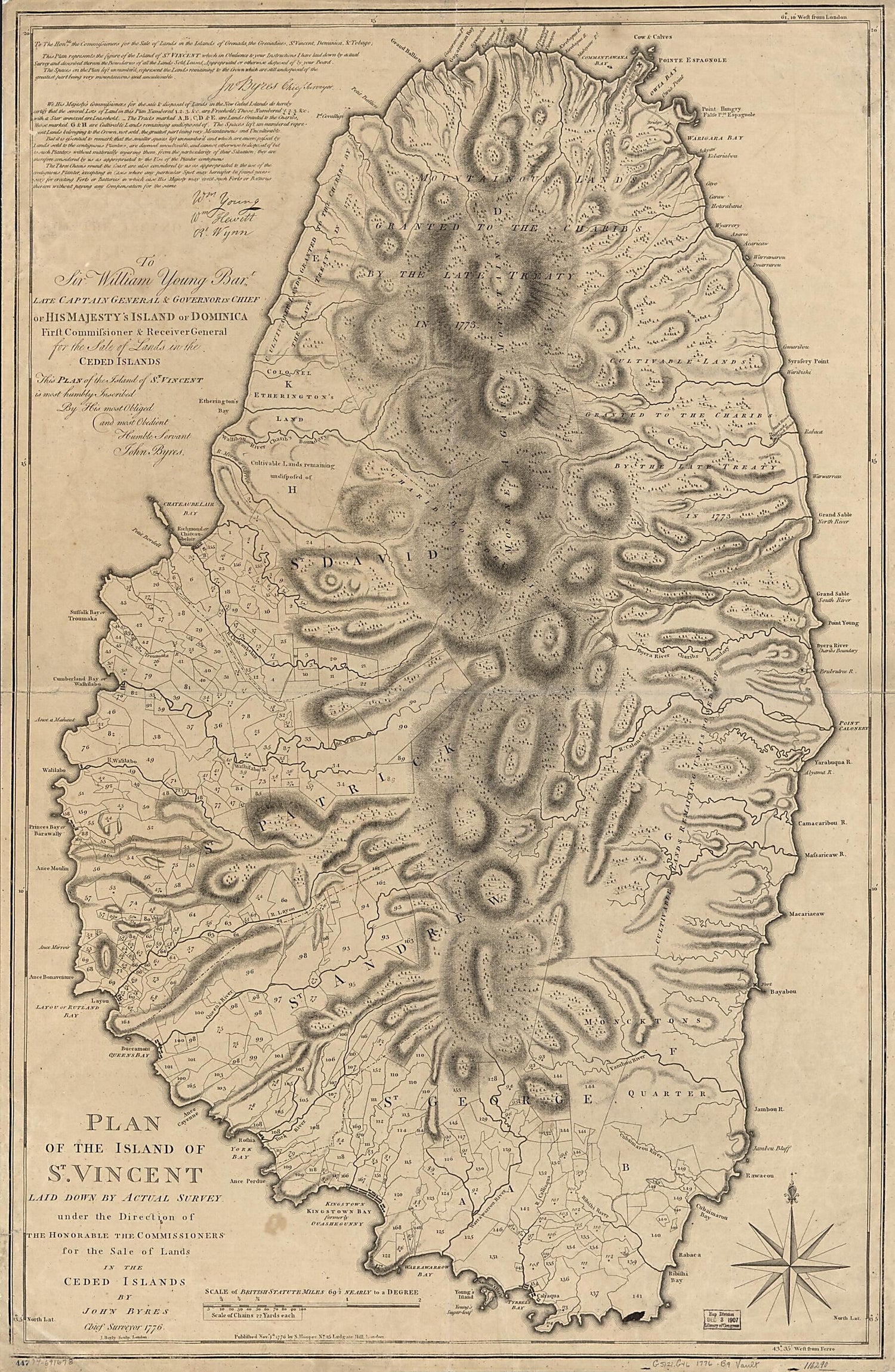 This old map of Plan of the Island of St. Vincent Laid Down by Actual Survey Under the Direction of the Honorable the Commissioners for the Sale of Lands In the Ceded Islands from 1776 was created by J. Bayly, John Byres, S. (Samuel) Hooper in 1776