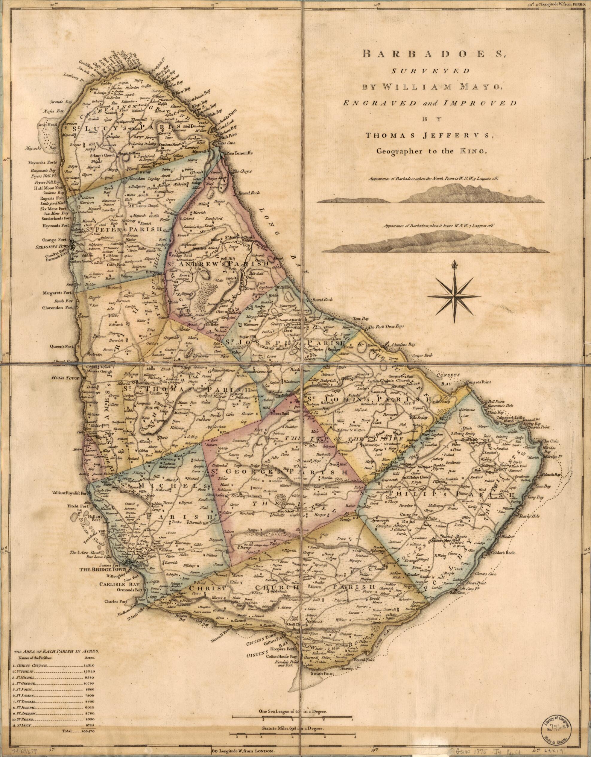 This old map of Barbadoes from 1775 was created by Thomas Jefferys, William Mayo in 1775