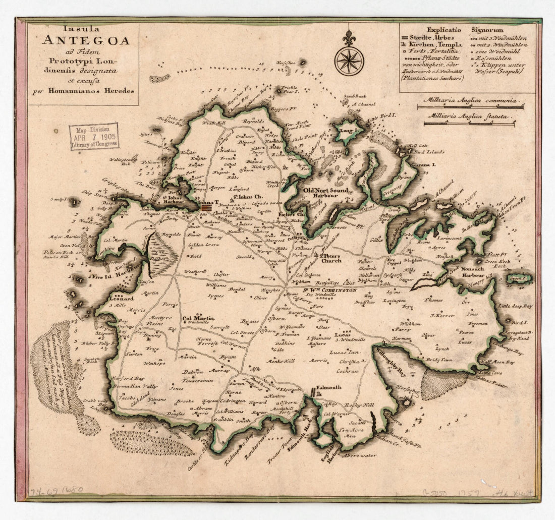 This old map of Insula Antegoa Ad Fidem Prototypi Londinensis from 1759 was created by  Homann Erben (Firm) in 1759