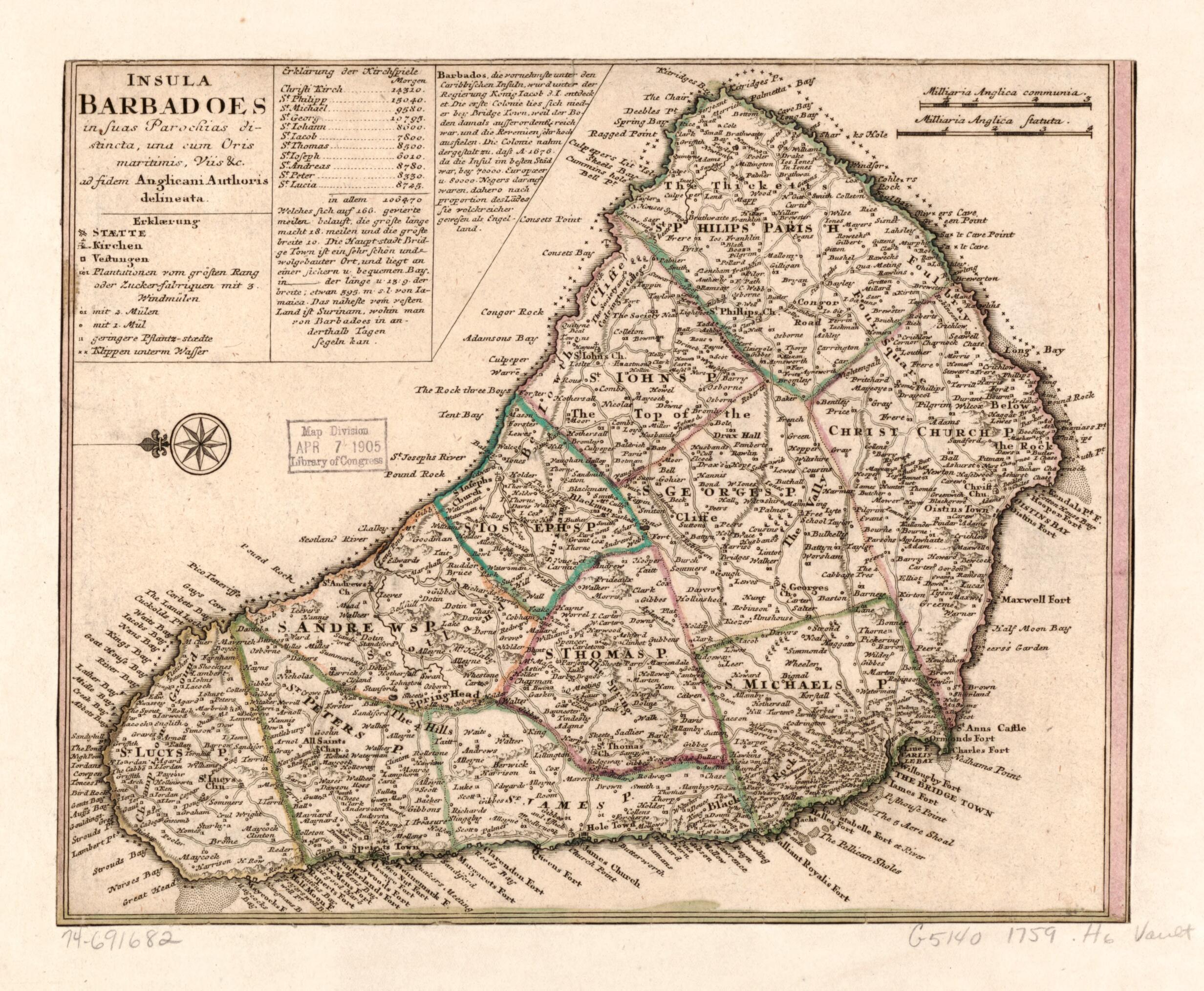 This old map of Insula Barbadoes In Suas Parochias Distincts, Una Cum Oris Maritimis, Vüs &amp;c. Ad Fidem Anglicani Authoris Delineata from 1759 was created by  Homann Erben (Firm) in 1759