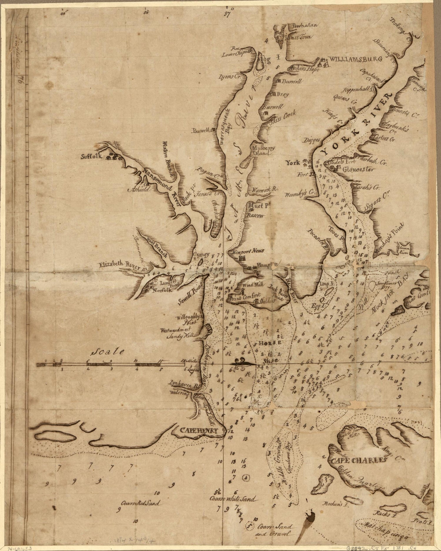 This old map of Chart Showing the Depth of the James and York Rivers As They Enter Chesapeake Bay, With Towns Adjacent from 1781 was created by  in 1781