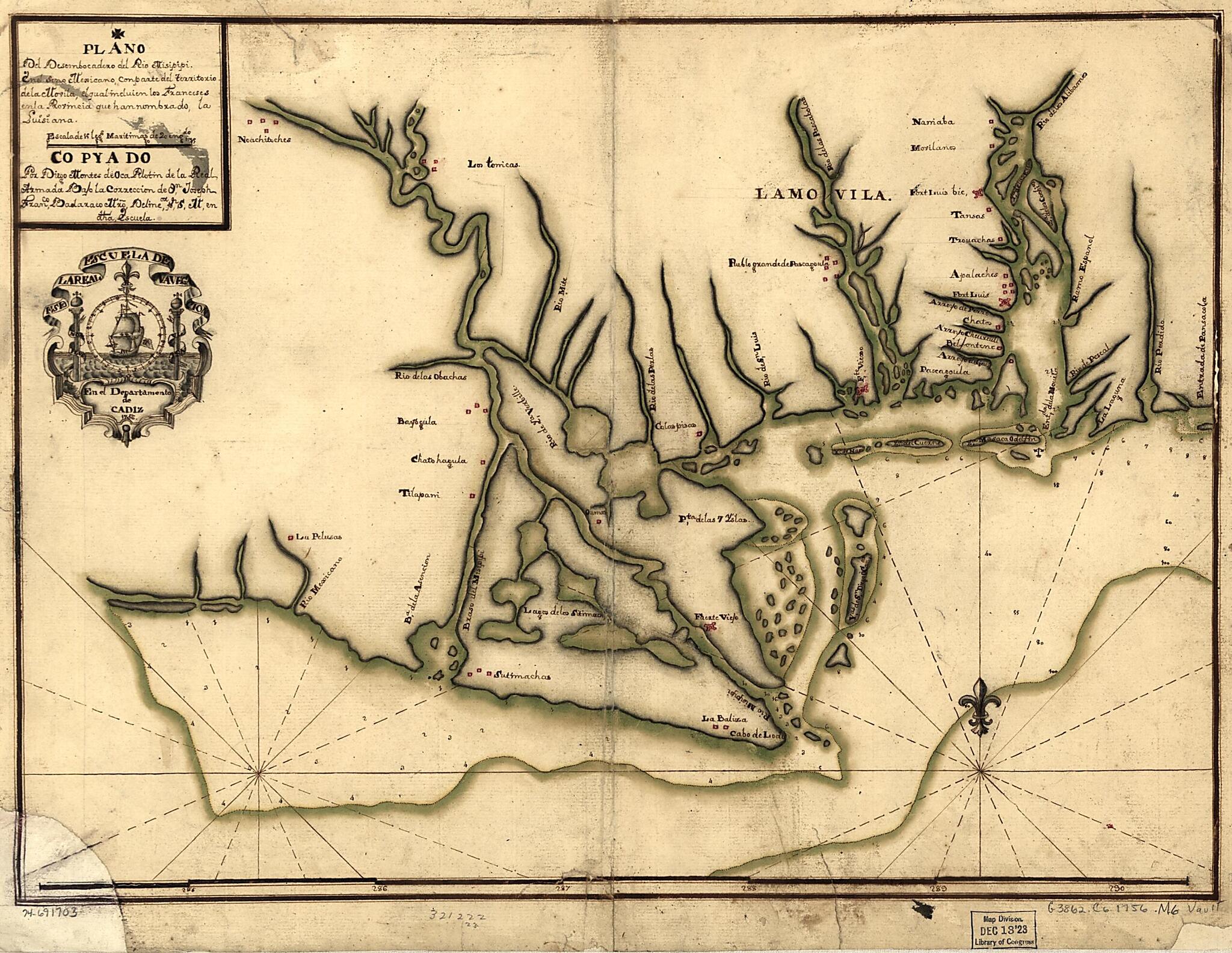 This old map of Plano Del Desembocadero Del Río Misipipi En El Seno Mexicano Con Parte Del Territorio De La Movila, El Qual Incluien Los Franceses En La Provincia Que Han Nombrado, La Luisiana from 1756 was created by Diego Montes De Oca in 1756