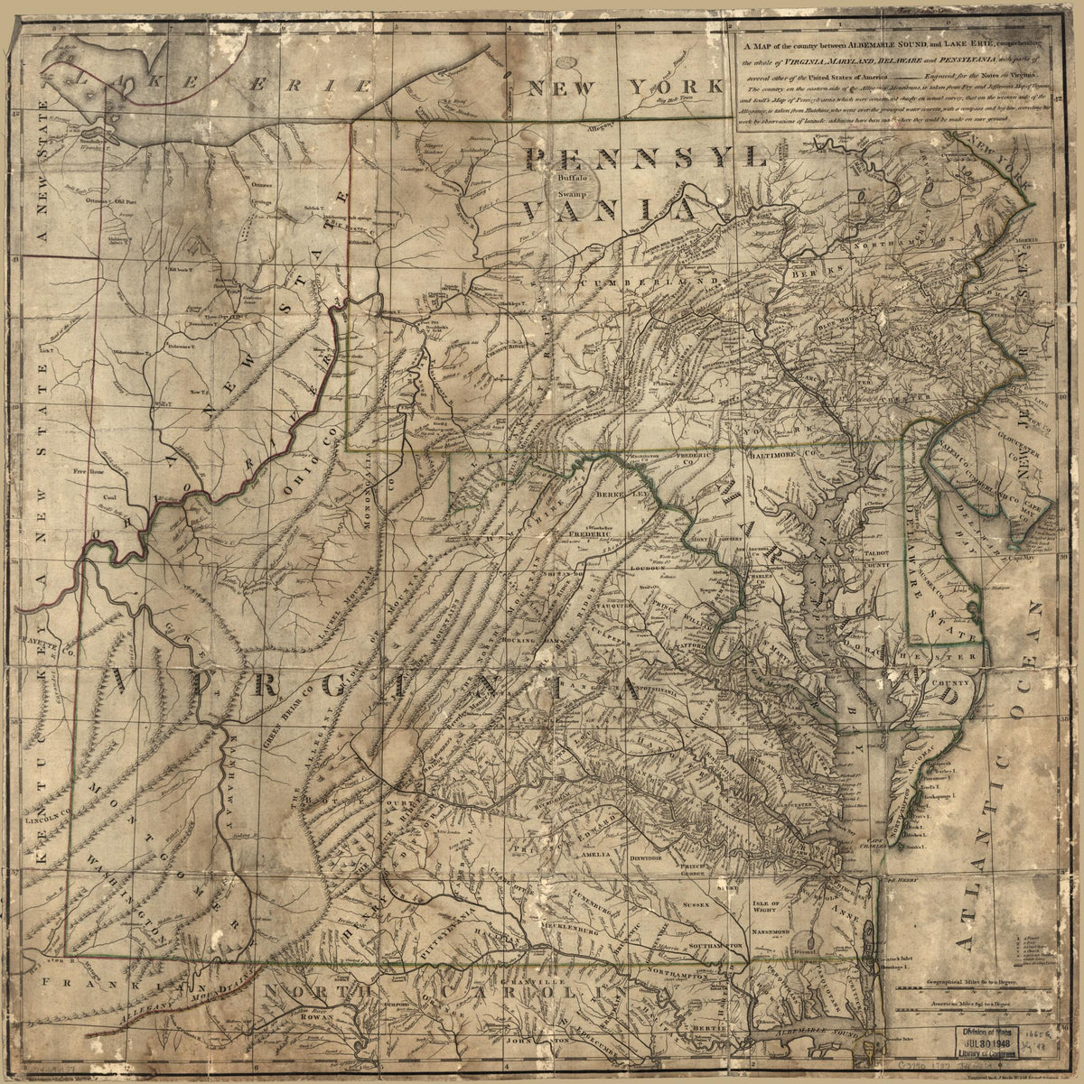 A Map of the Country Between Albemarle Sound, and Lake Erie, Comprehending the Whole of Virginia, Maryland, Delaware and Pensylvania, With Parts of Several Other of the United States of America 1787 by Relic Map Company