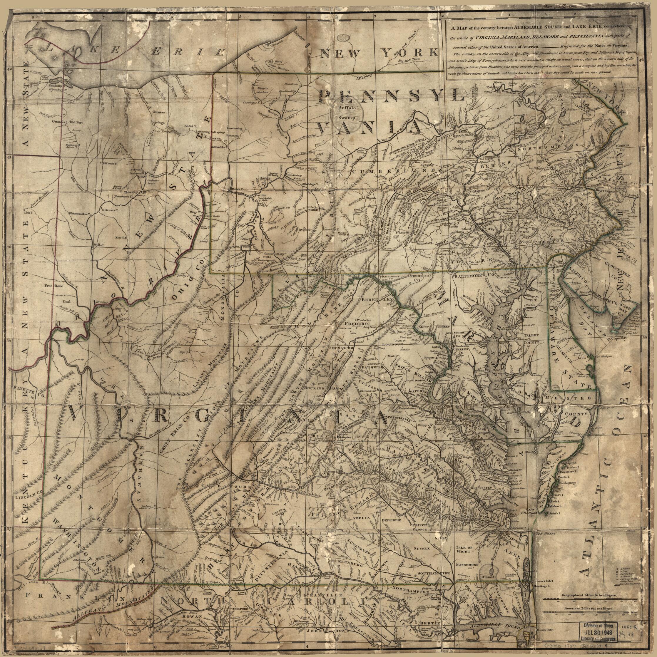 This old map of A Map of the Country Between Albemarle Sound, and Lake Erie, Comprehending the Whole of Virginia, Maryland, Delaware and Pensylvania, With Parts of Several Other of the United States of America from 1787 was created by Thomas Jefferson, S