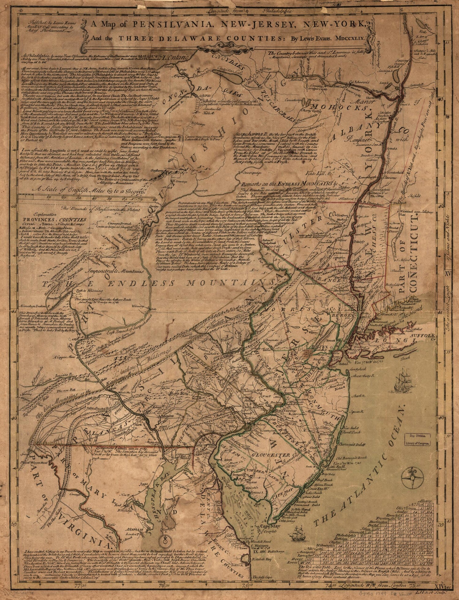 This old map of Jersey, New-York, and the Three Delaware Counties from 1749 was created by Lewis Evans, L. Hebert in 1749