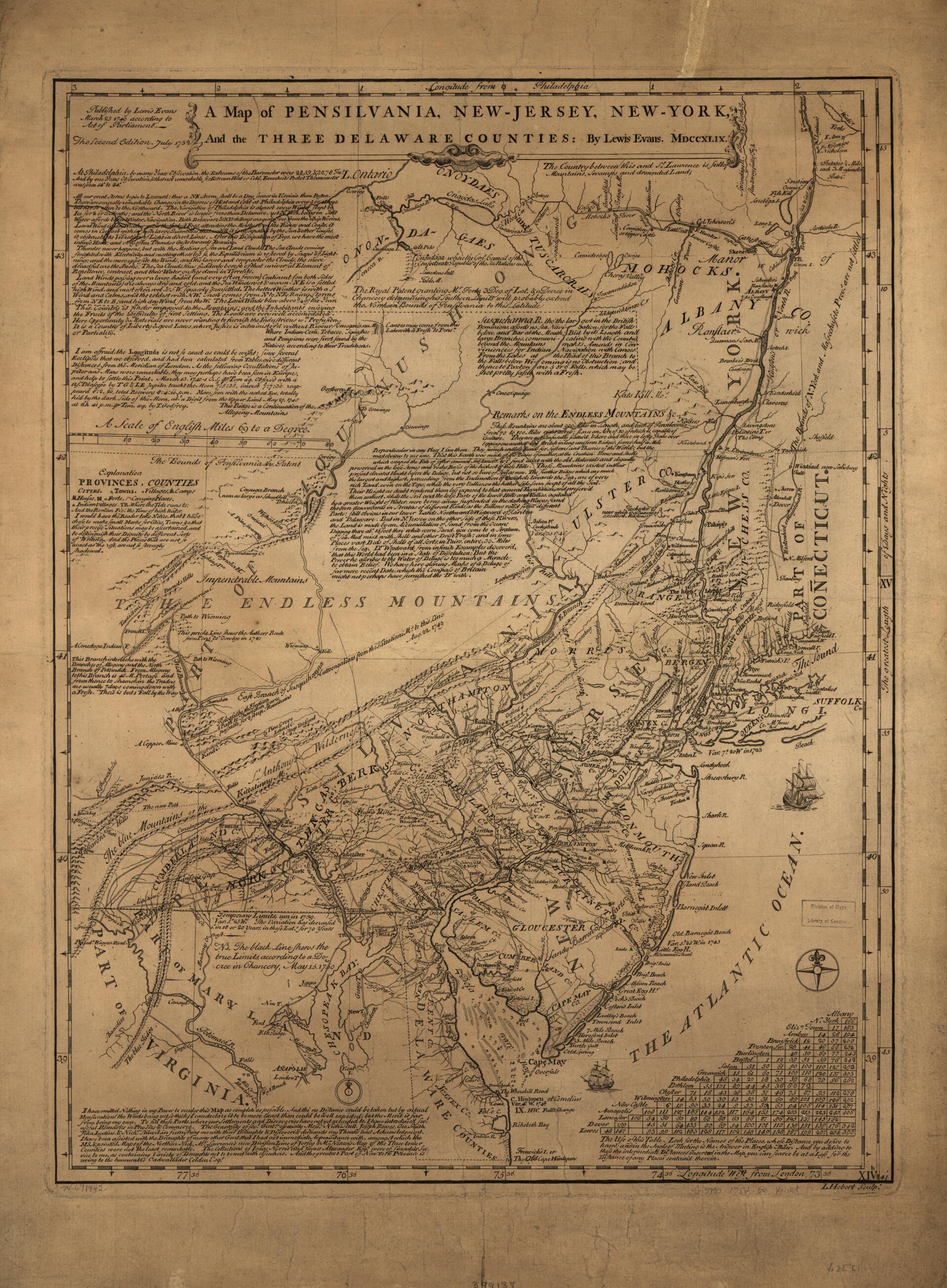 This old map of Jersey, New-York, and the Three Delaware Counties from 1752 was created by Lewis Evans, L. Hebert in 1752