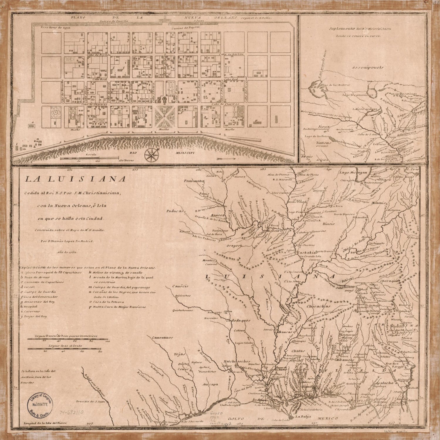 This old map of La Luisiana Cedida Al Rei N. S. Por S. M. Christianisima, Con La Nueva Orleans, è Isla En Que Se Halla Esta Ciudad. Construida Sobre El Mapa De Mr. D&
