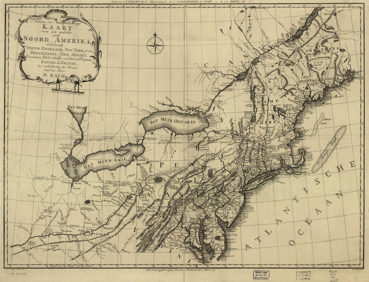 Nieuwe En Nauwkeurige Kaart Van Een Gedeelte Van Noord Amerika, Behelzende Nieuw Engeland, New York, Pensylvania, New Jersey, Connecticut, Rhode Island, Een Stuk Van Virginia, Kanada En Halifax, Ter Opheldering Der Reizen Van Den Heer P. Kalm 1772 by Relic Map Company