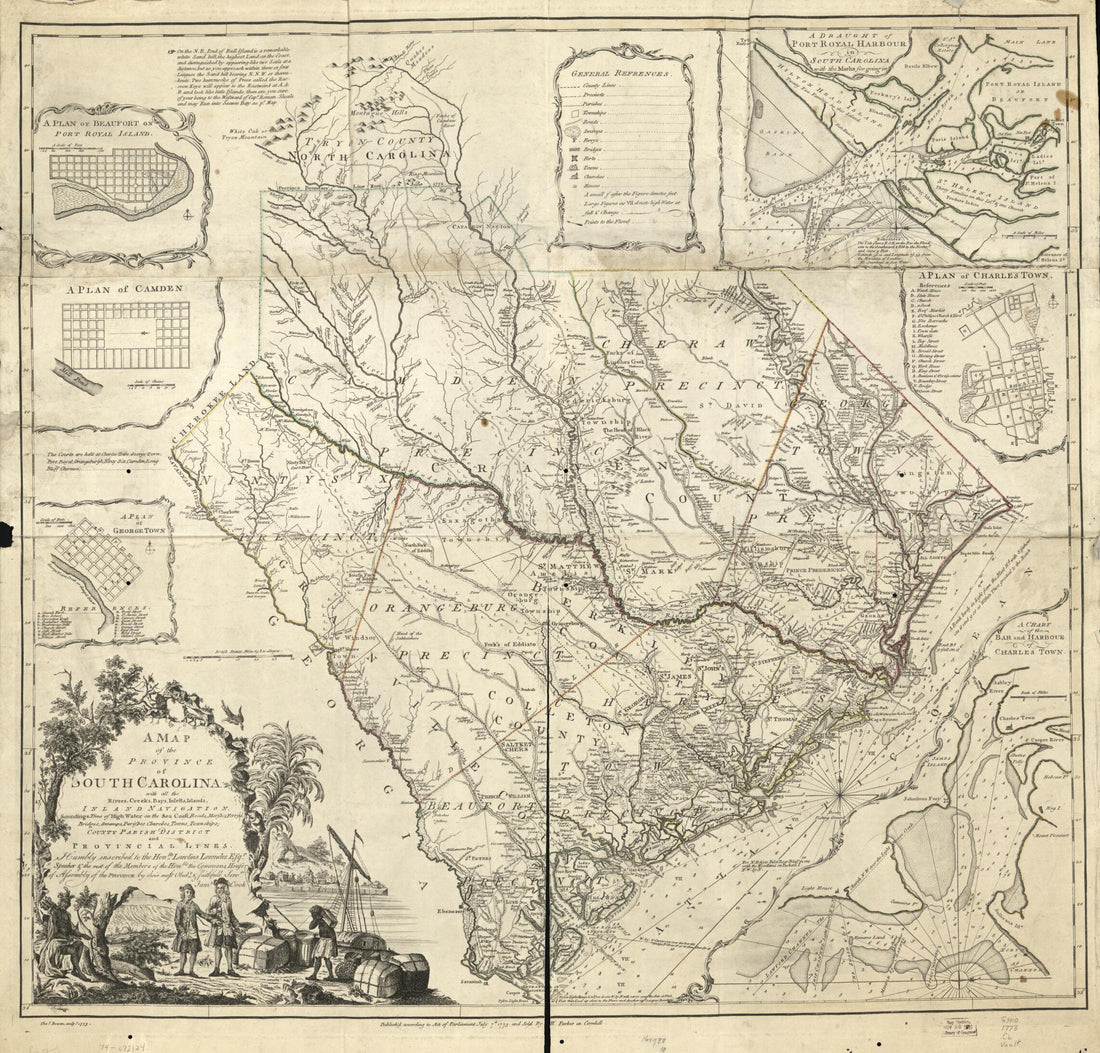 This old map of A Map of the Province of South Carolina With All the Rivers, Creeks, Bays, Inletts, Islands, Inland Navigation, Soundings, Time of High Water On the Sea Coast, Roads, Marshes, Ferrys, Bridges, Swamps, Parishes, Churches, Towns, Townships,
