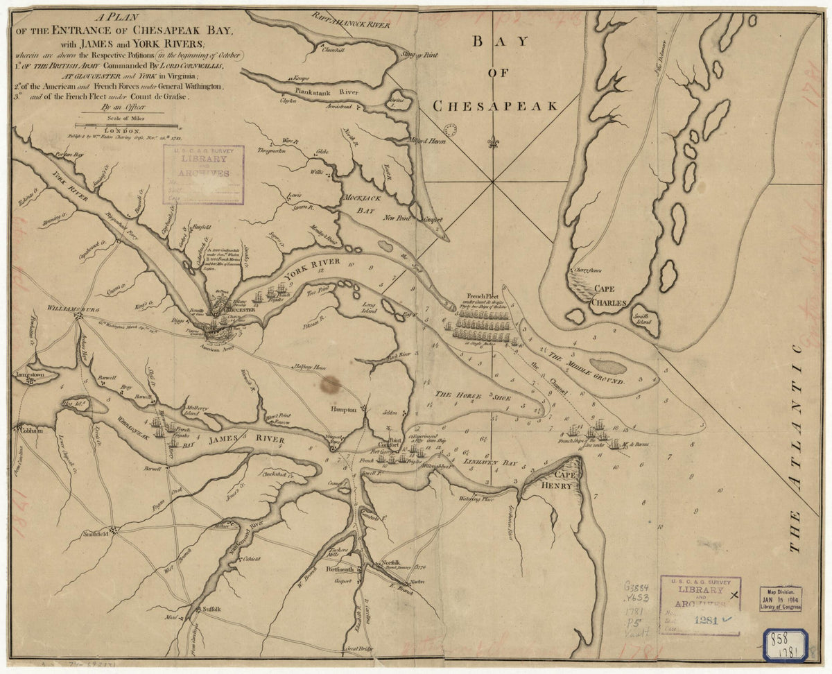 A Plan of the Entrance of Chesapeak Bay, With James and York Rivers; Wherein Are Shewn the Respective Positions (in the Beginning of October) 1.⁰ of the British Army Commanded by Lord Cornwallis at Gloucester and York In Virginia; 2.⁰ of the Ameri... by Relic Map Company