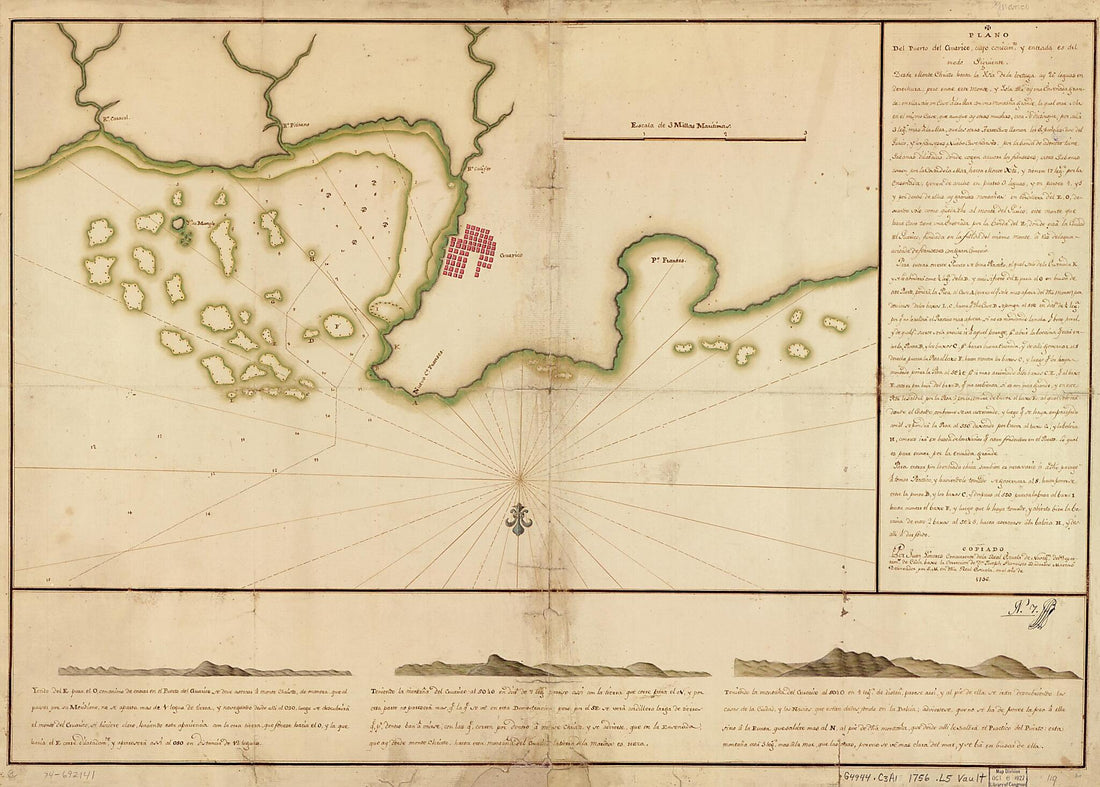This old map of Plano Del Puerto Del Guárico, Cuyo Conocimto. Y Entrada Es Del Modo Siguiente from 1756 was created by Juan Linares, Spain) Real Escuela De Navegación (Cádiz in 1756