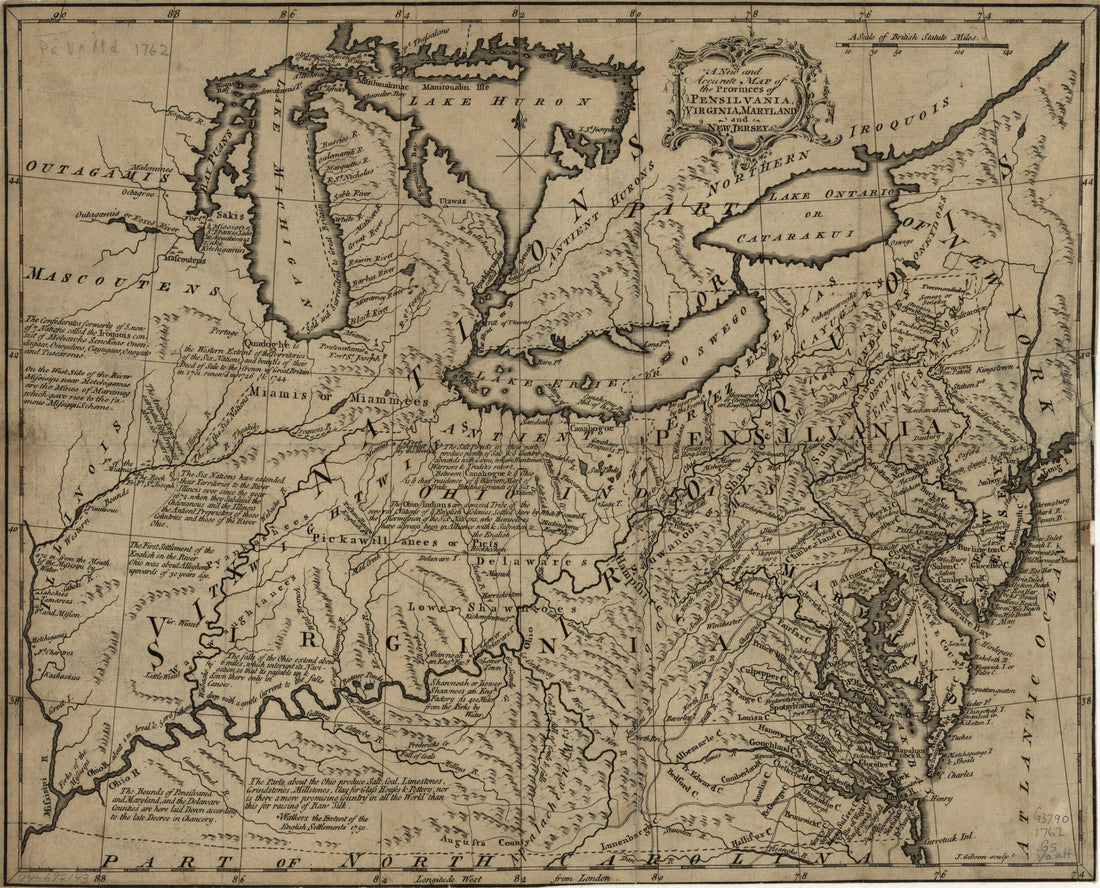 This old map of A New and Accurate Map of the Provinces of Pensilvania, Virginia, Maryland and New Jersey from 1762 was created by J. (John) Gibson, Andrew Millar in 1762