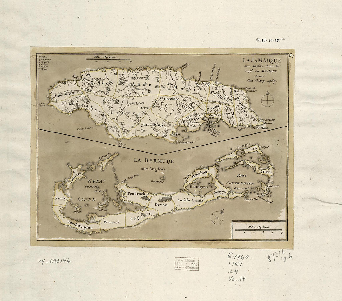 This old map of La Jamaique Aux Angolis Dans Le Golfe Du Mexique. La Bermude Aux Anglois from 1767 was created by  Crépy (Firm),  Louis in 1767