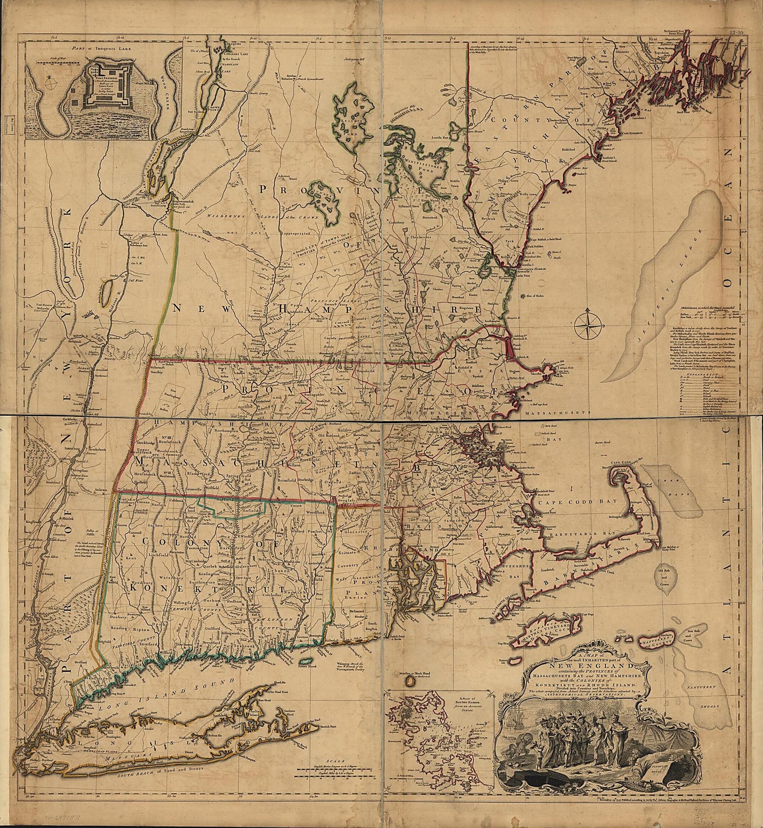 This old map of A Map of the Most Inhabited Part of New England : Containing the Provinces of Massachusets Bay and New Hampshire, With the Colonies of KoneKtikut and Rhode Island, Divided Into Counties and Townships : the Whole Composed from Actual Surve